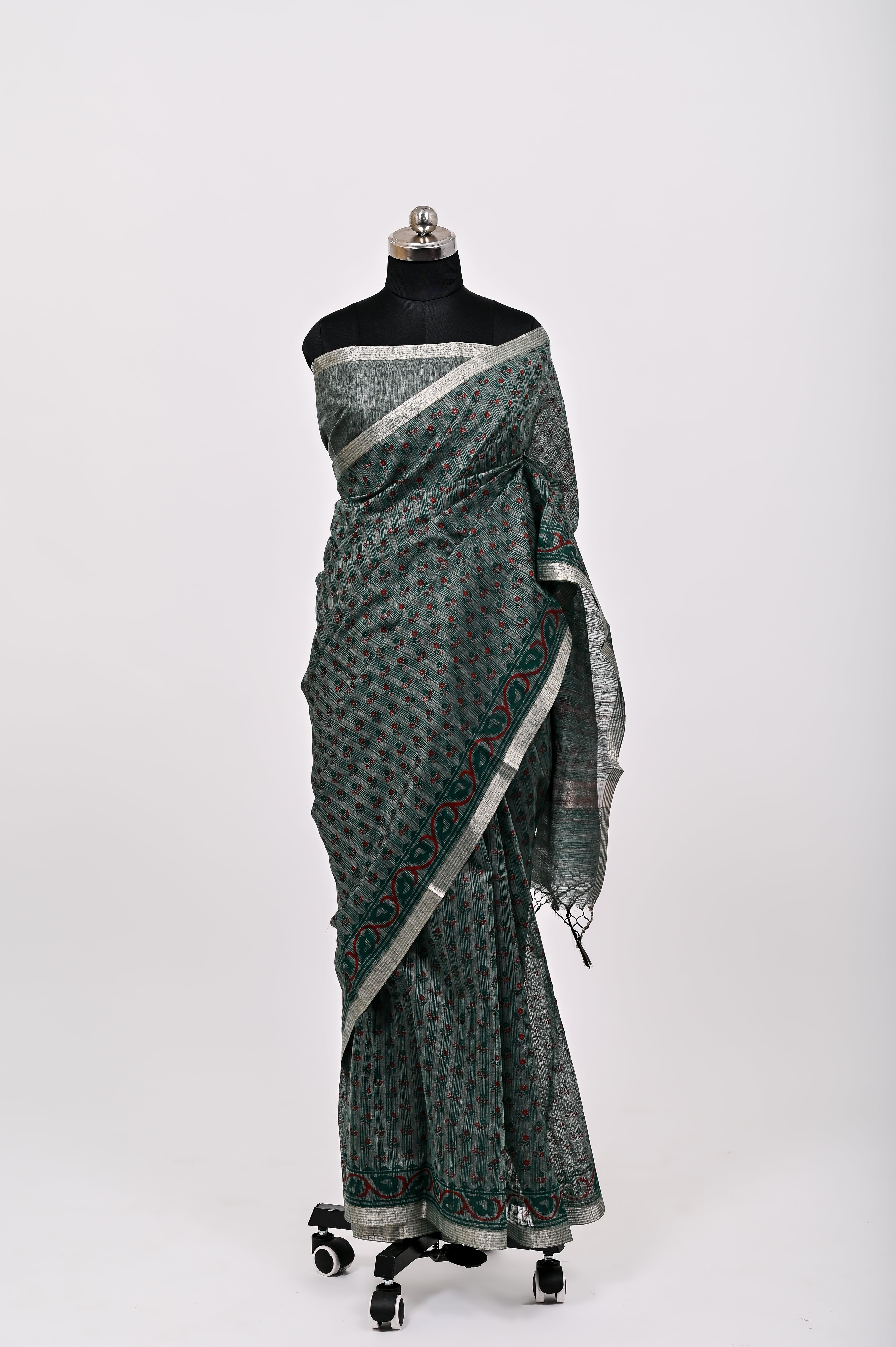 Banarsi Malayi Cotton Silk Printed Saree Bottle Green