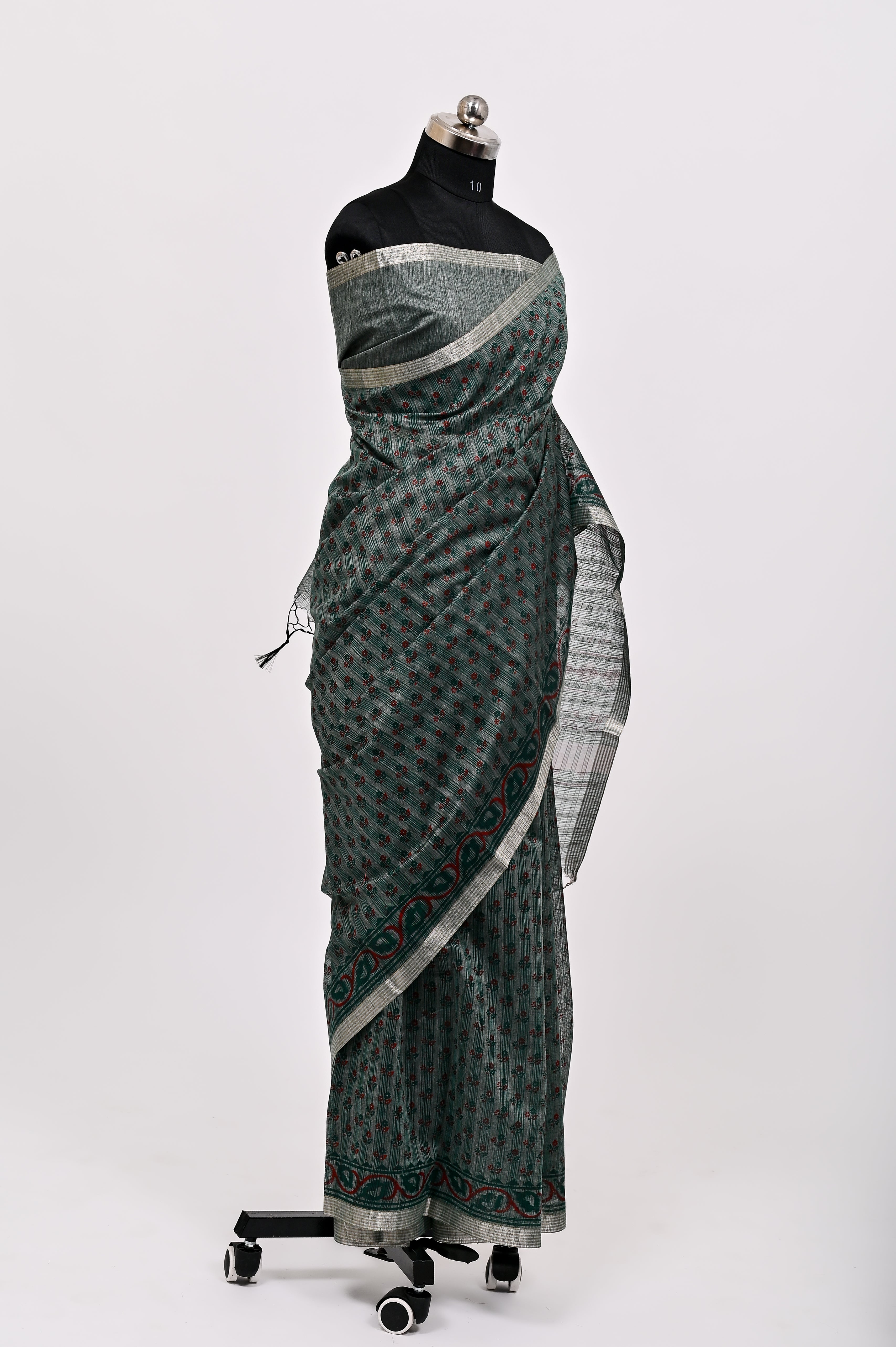 Banarsi Malayi Cotton Silk Printed Saree Bottle Green