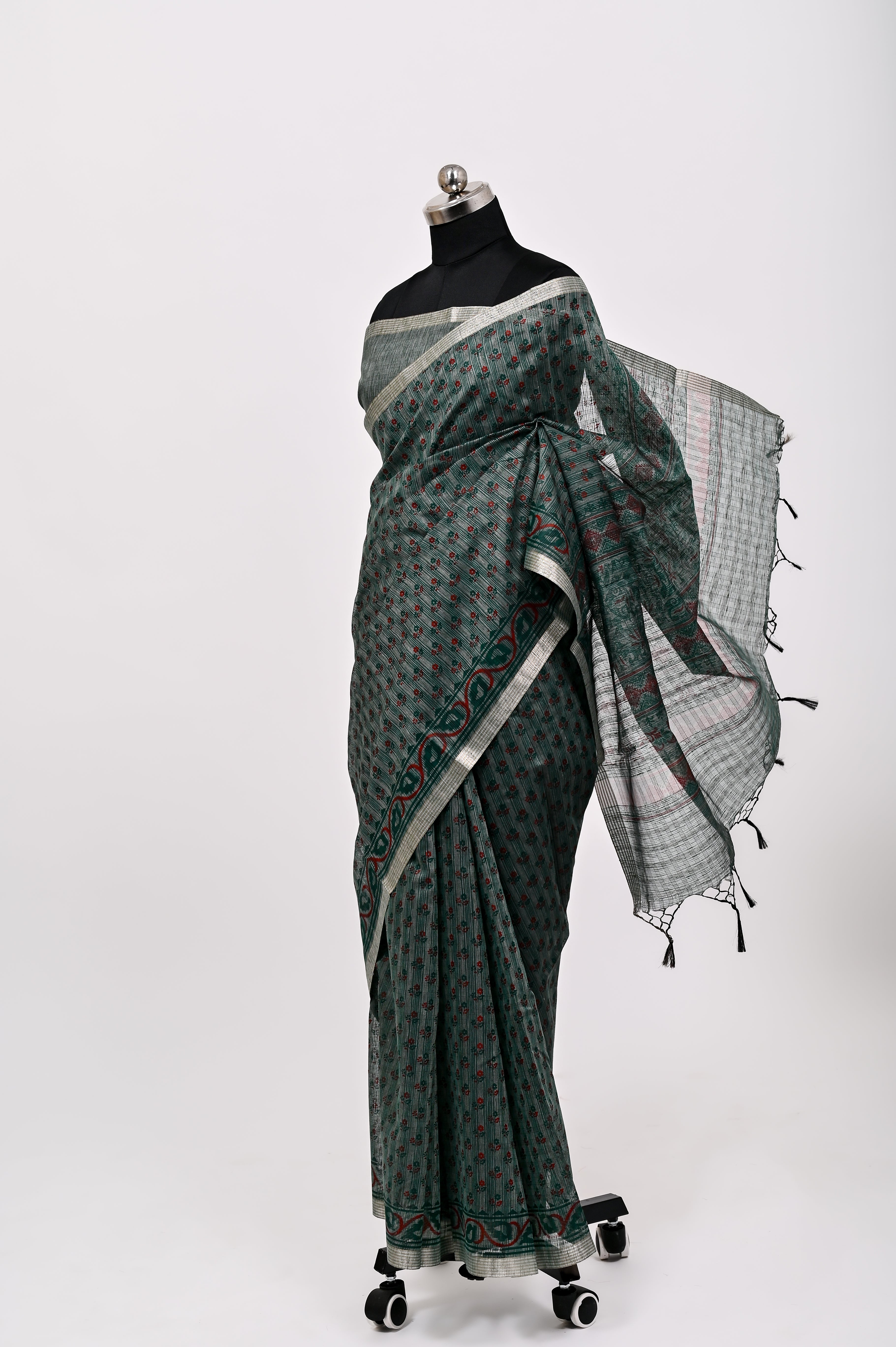 Banarsi Malayi Cotton Silk Printed Saree Bottle Green