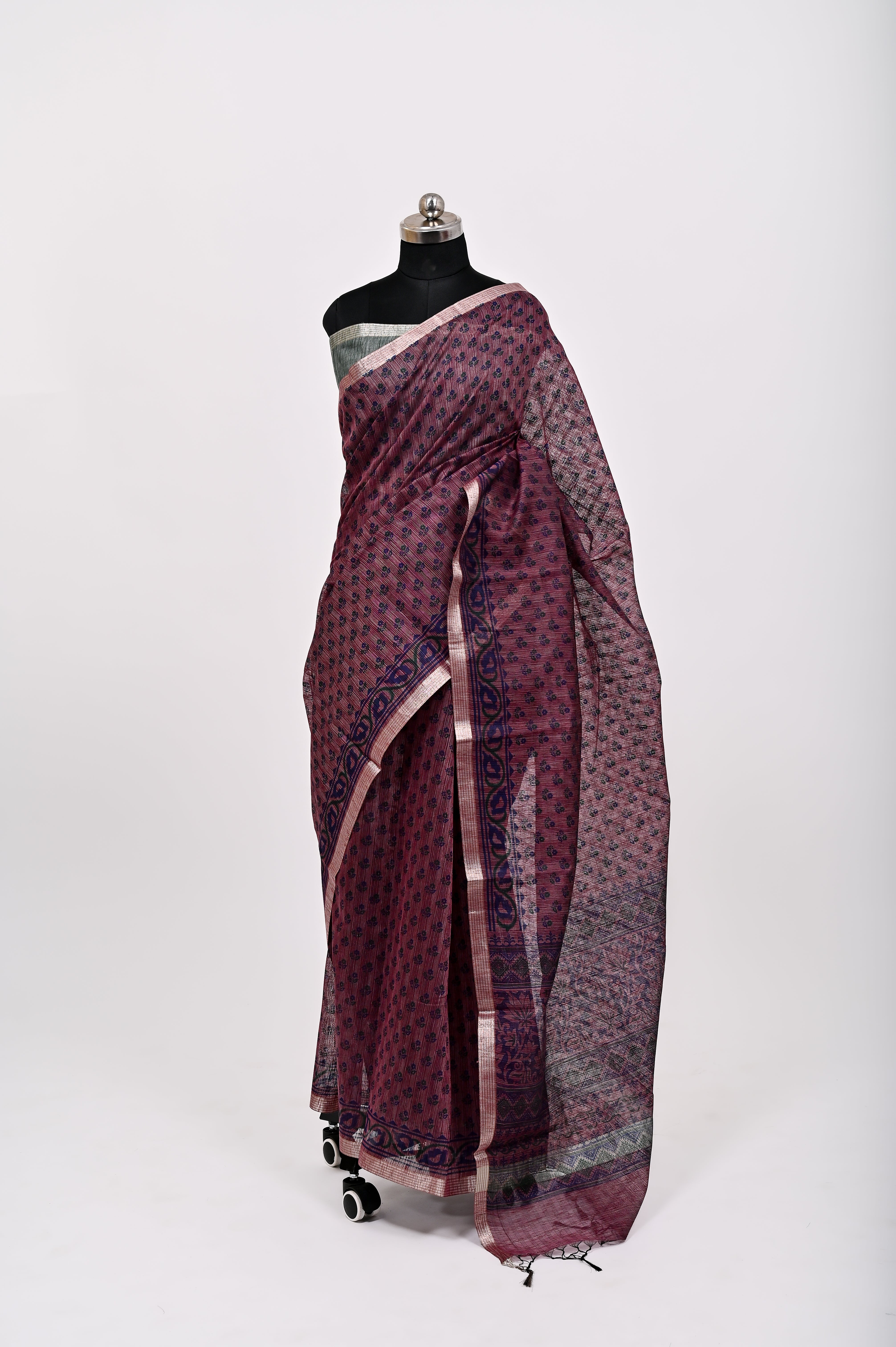 Banarsi Malayi Cotton Silk Printed Saree Coffee & Coca-Cola