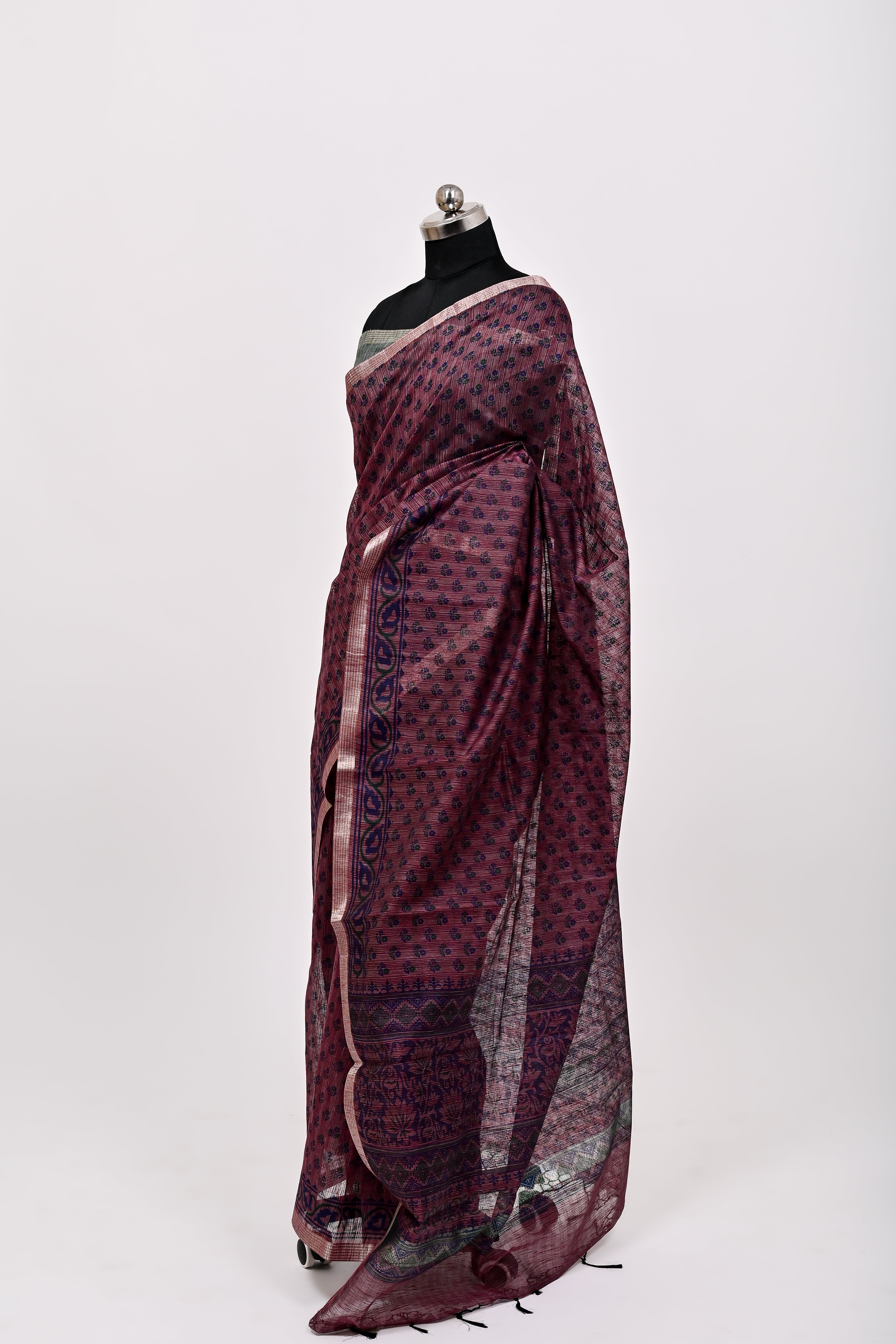 Banarsi Malayi Cotton Silk Printed Saree Coffee & Coca-Cola