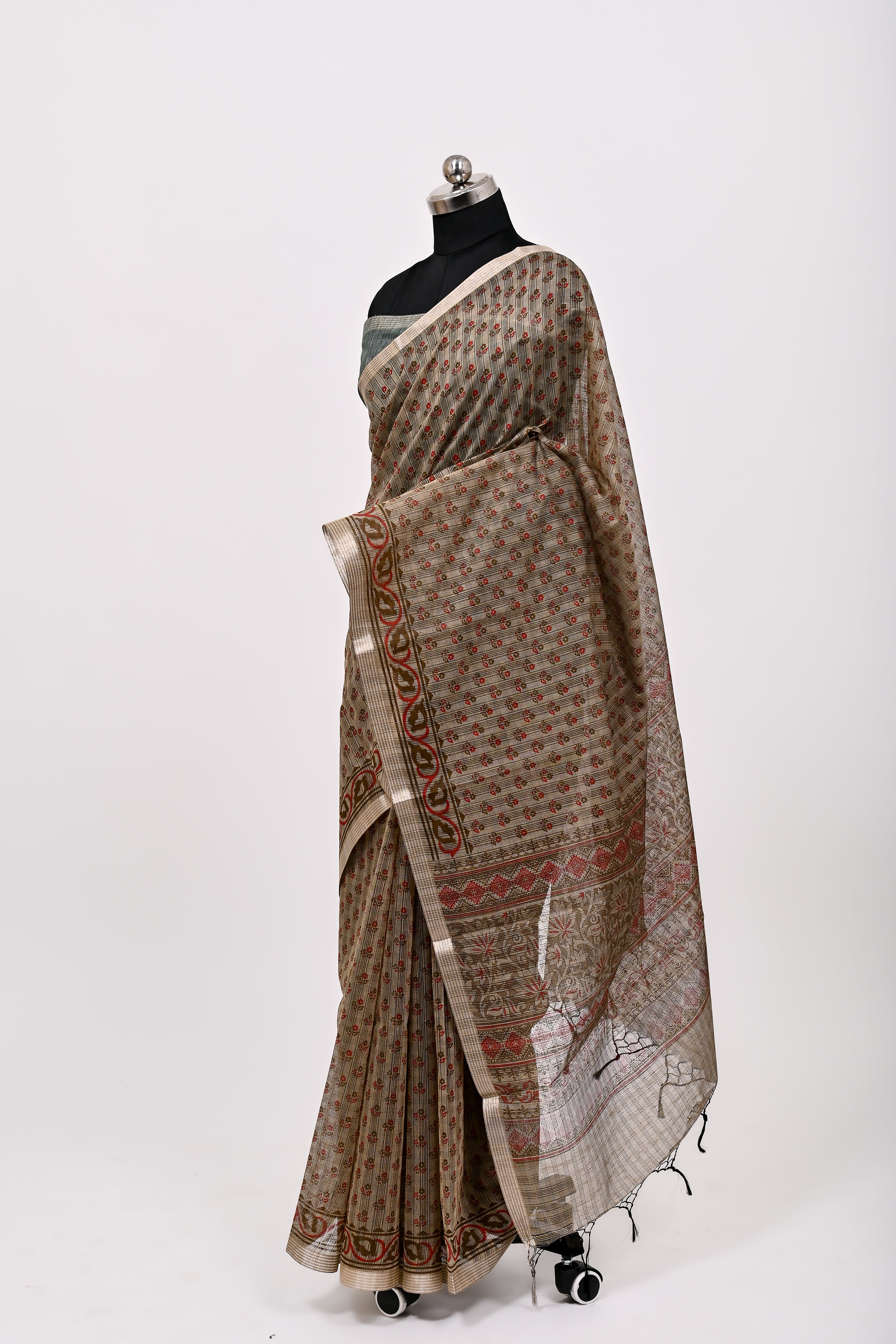 Banarsi Malayi Cotton Silk Printed Saree Golden Dusty Cheeku