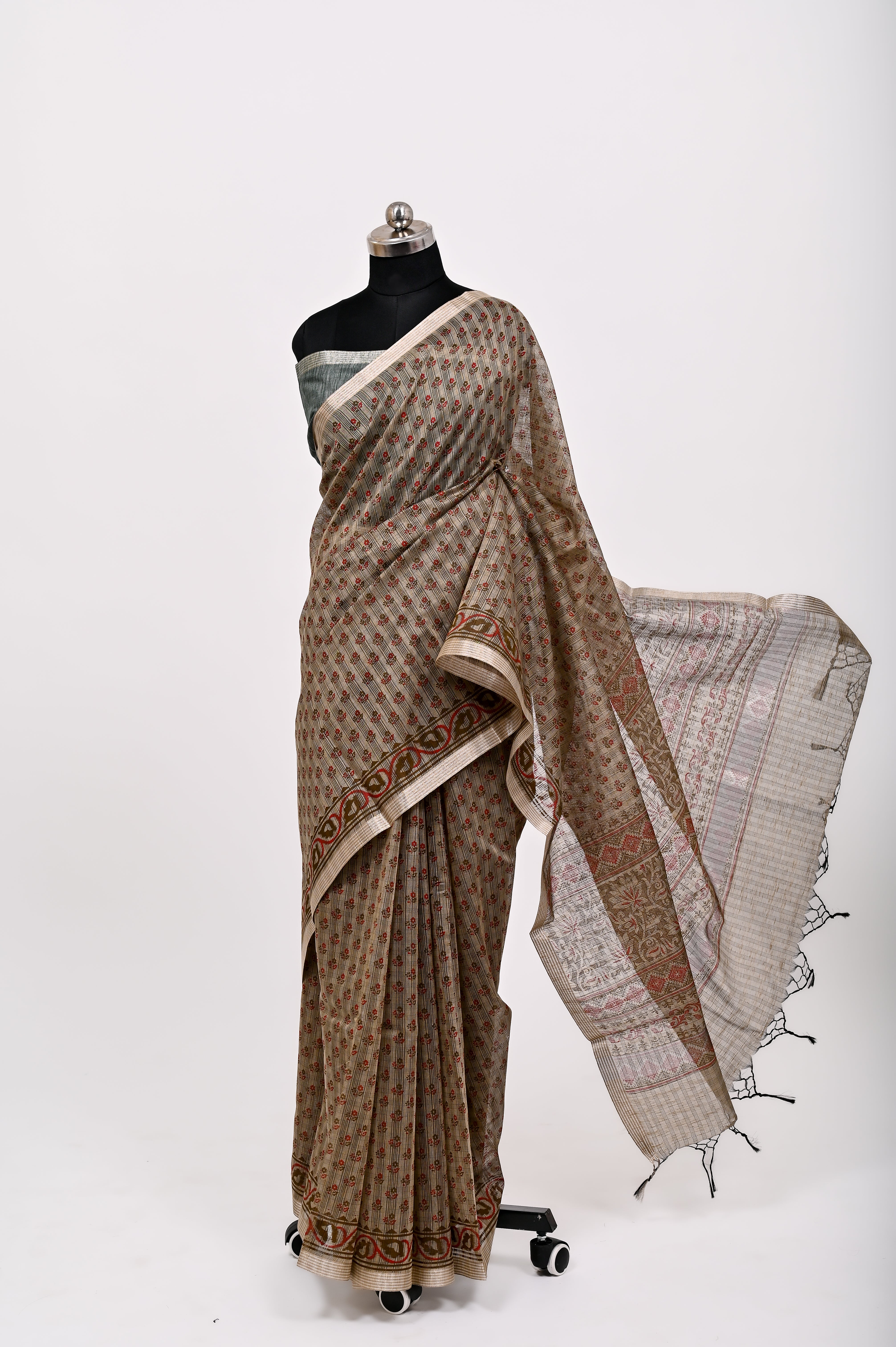 Banarsi Malayi Cotton Silk Printed Saree Golden Dusty Cheeku