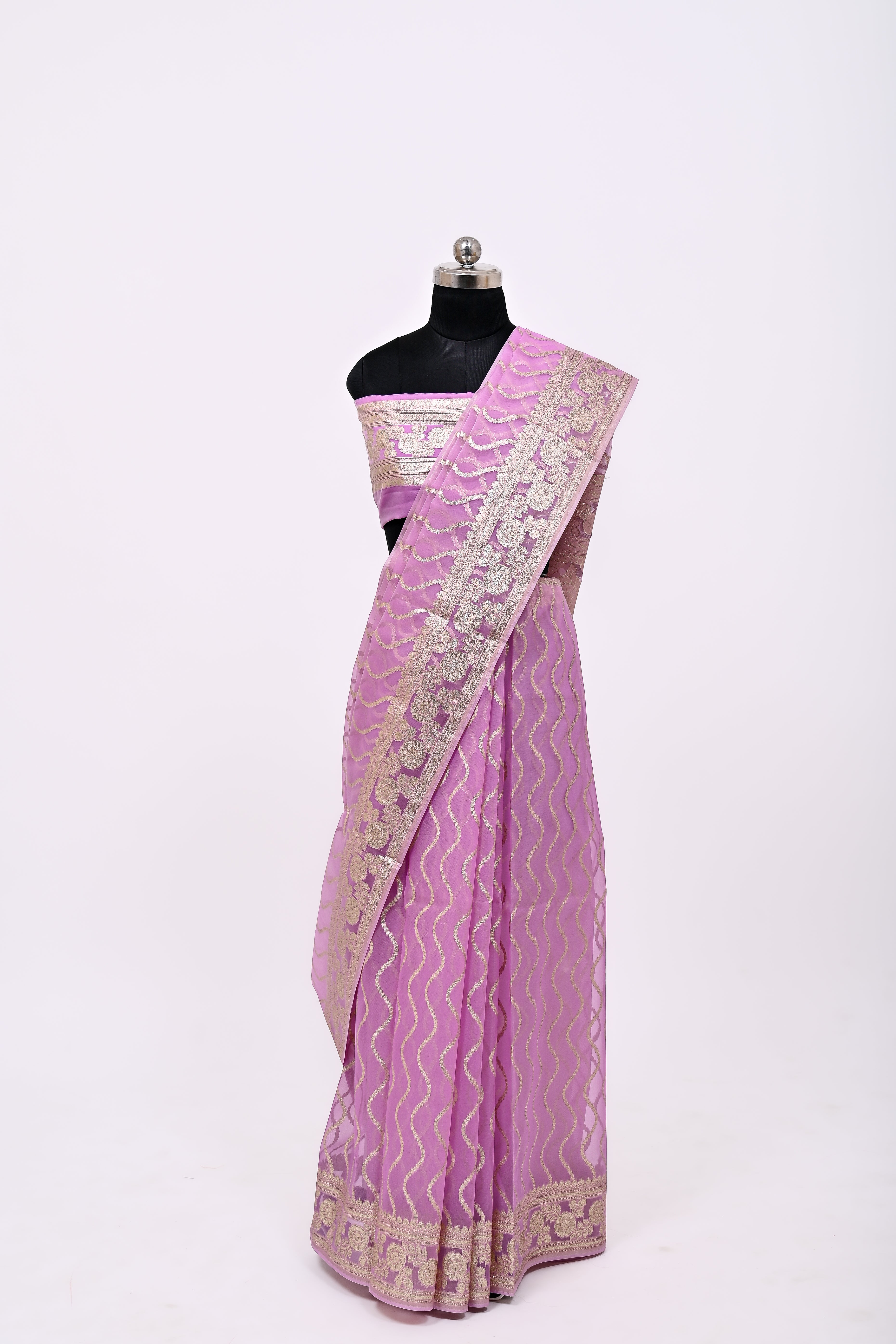 Pure Banarsi Handloom Orgenza Kora Silk Fancy Saree Lavender