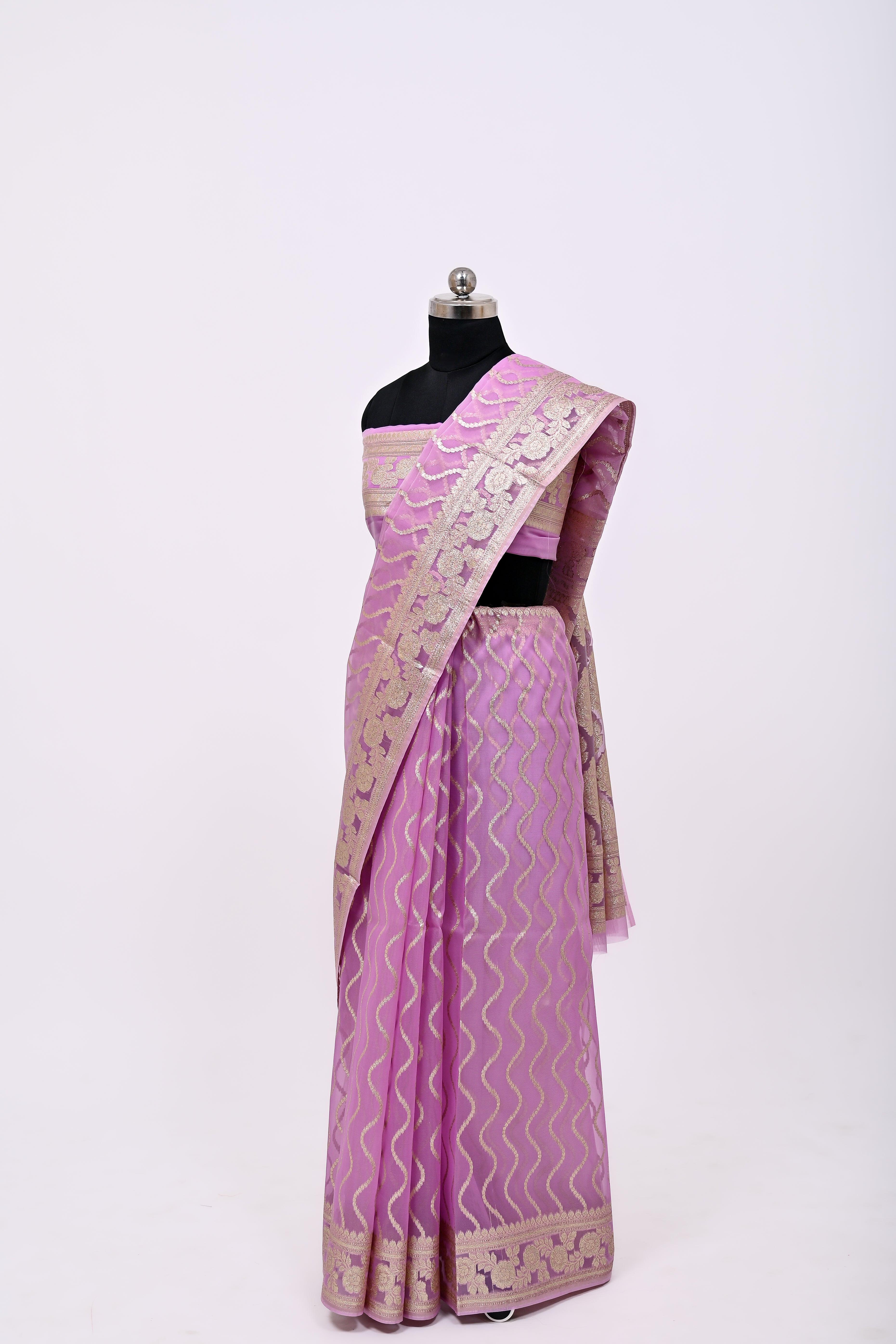 Pure Banarsi Handloom Orgenza Kora Silk Fancy Saree Lavender