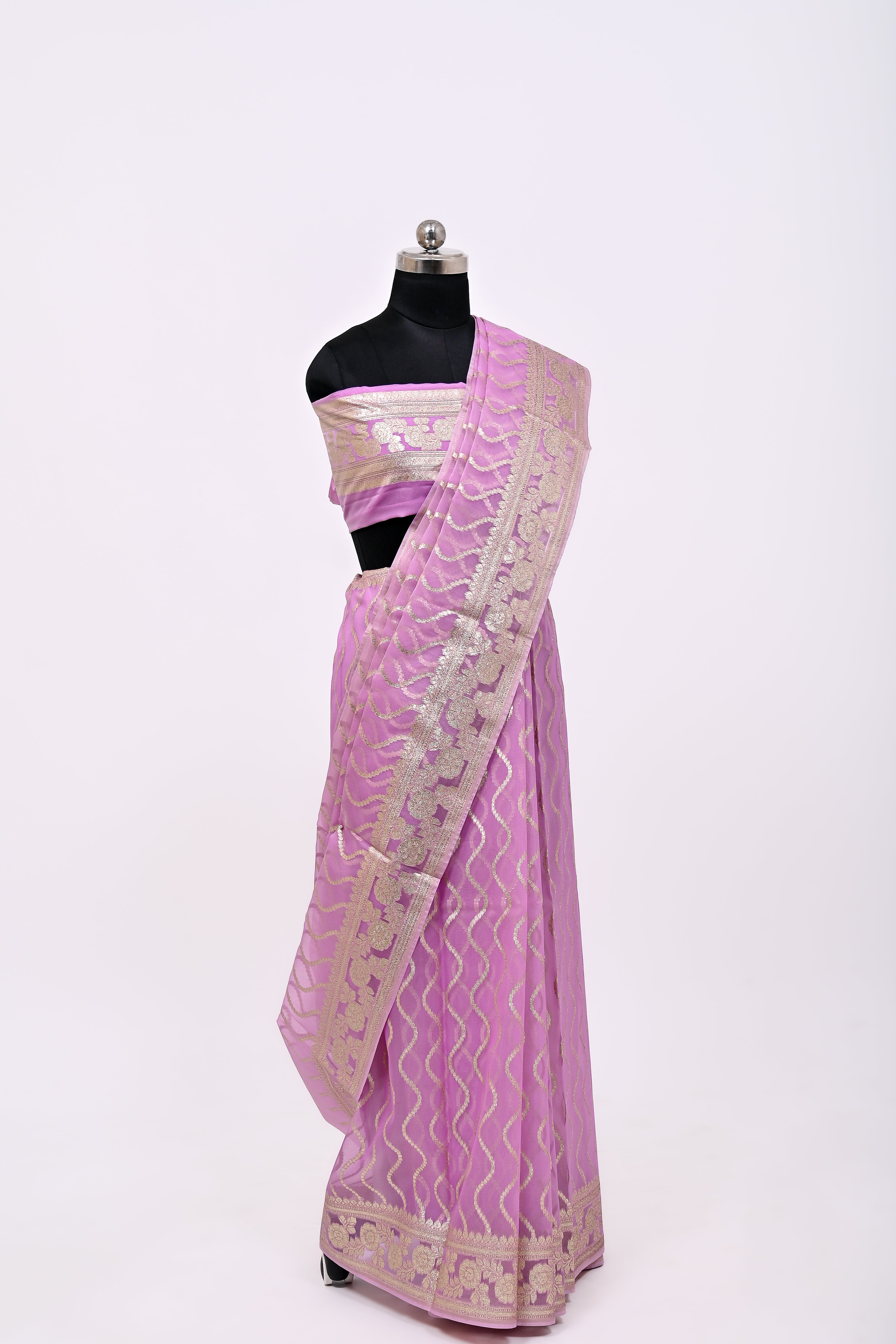 Pure Banarsi Handloom Orgenza Kora Silk Fancy Saree Lavender