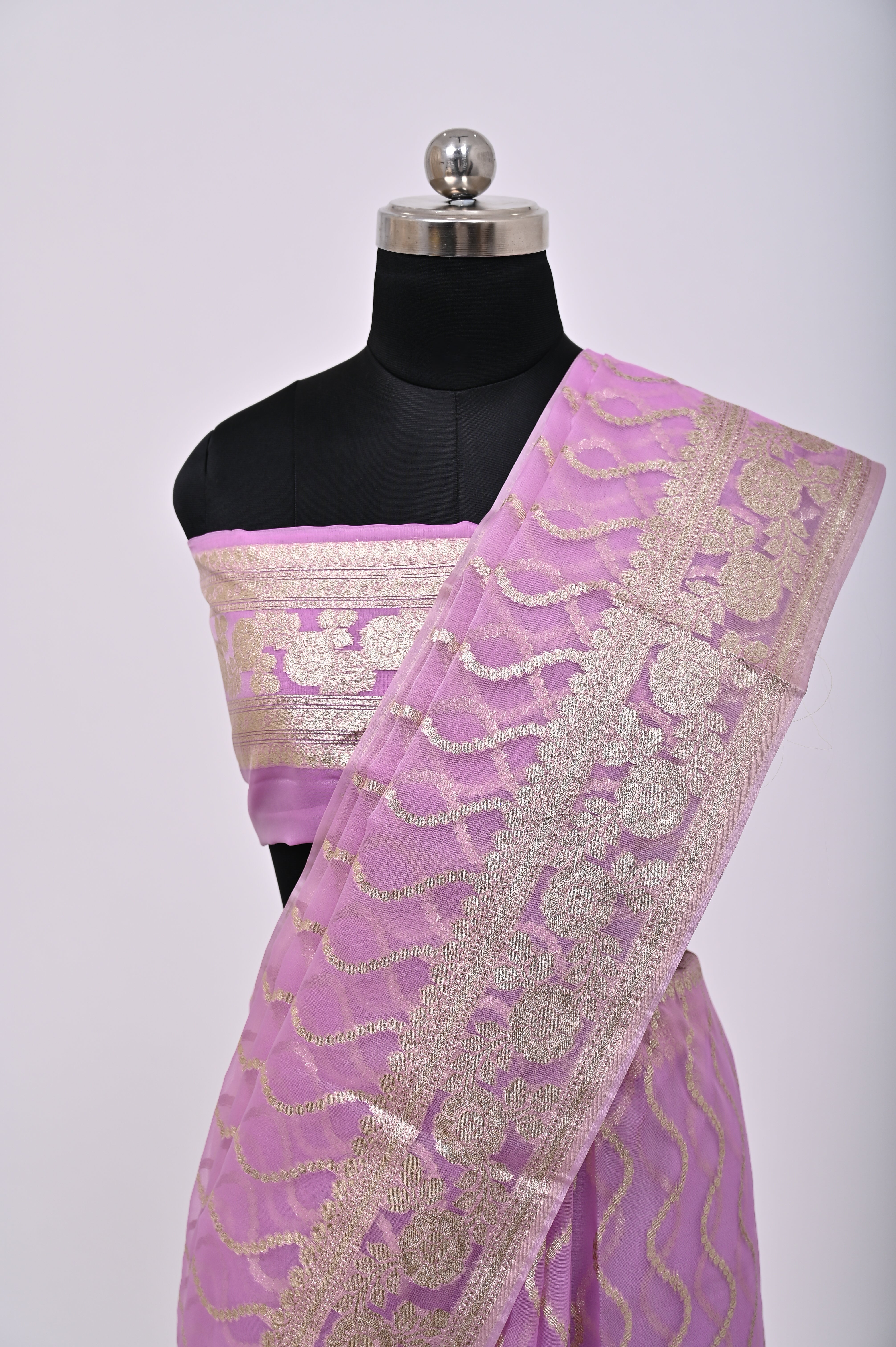 Pure Banarsi Handloom Orgenza Kora Silk Fancy Saree Lavender