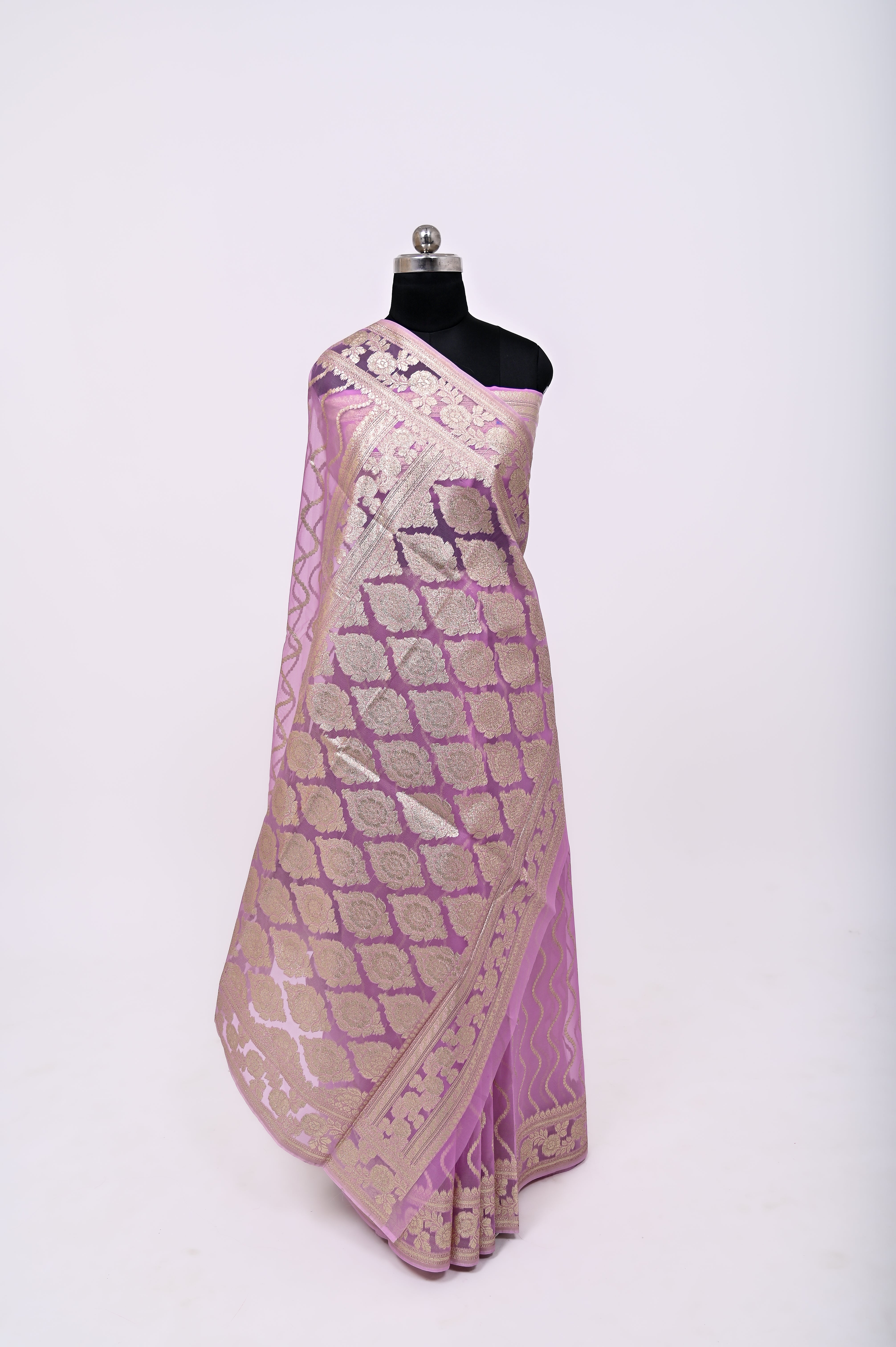 Pure Banarsi Handloom Orgenza Kora Silk Fancy Saree Lavender