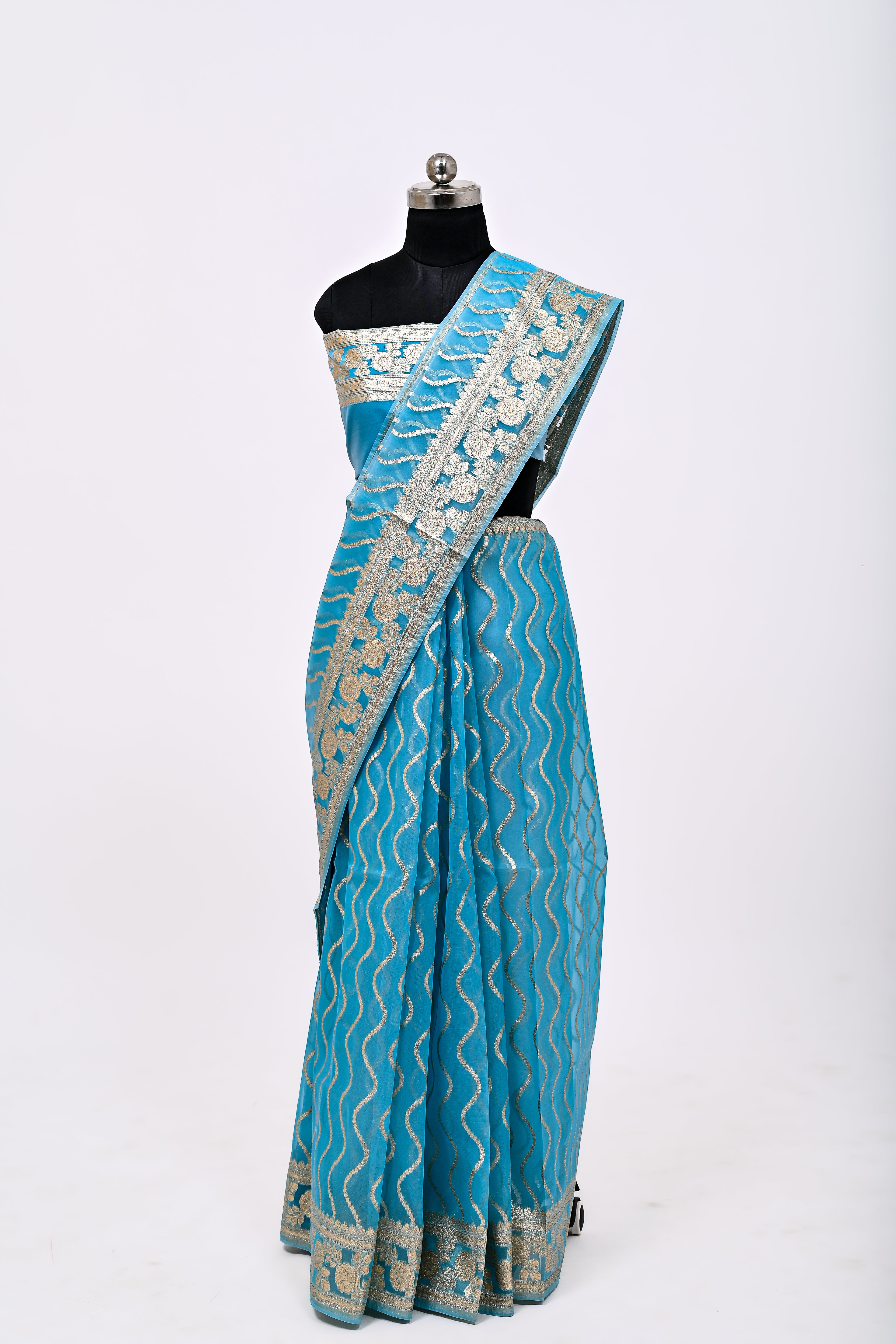 Pure Banarsi Handloom Orgenza Kora Silk Fancy Saree Feerozi, ( light blue)