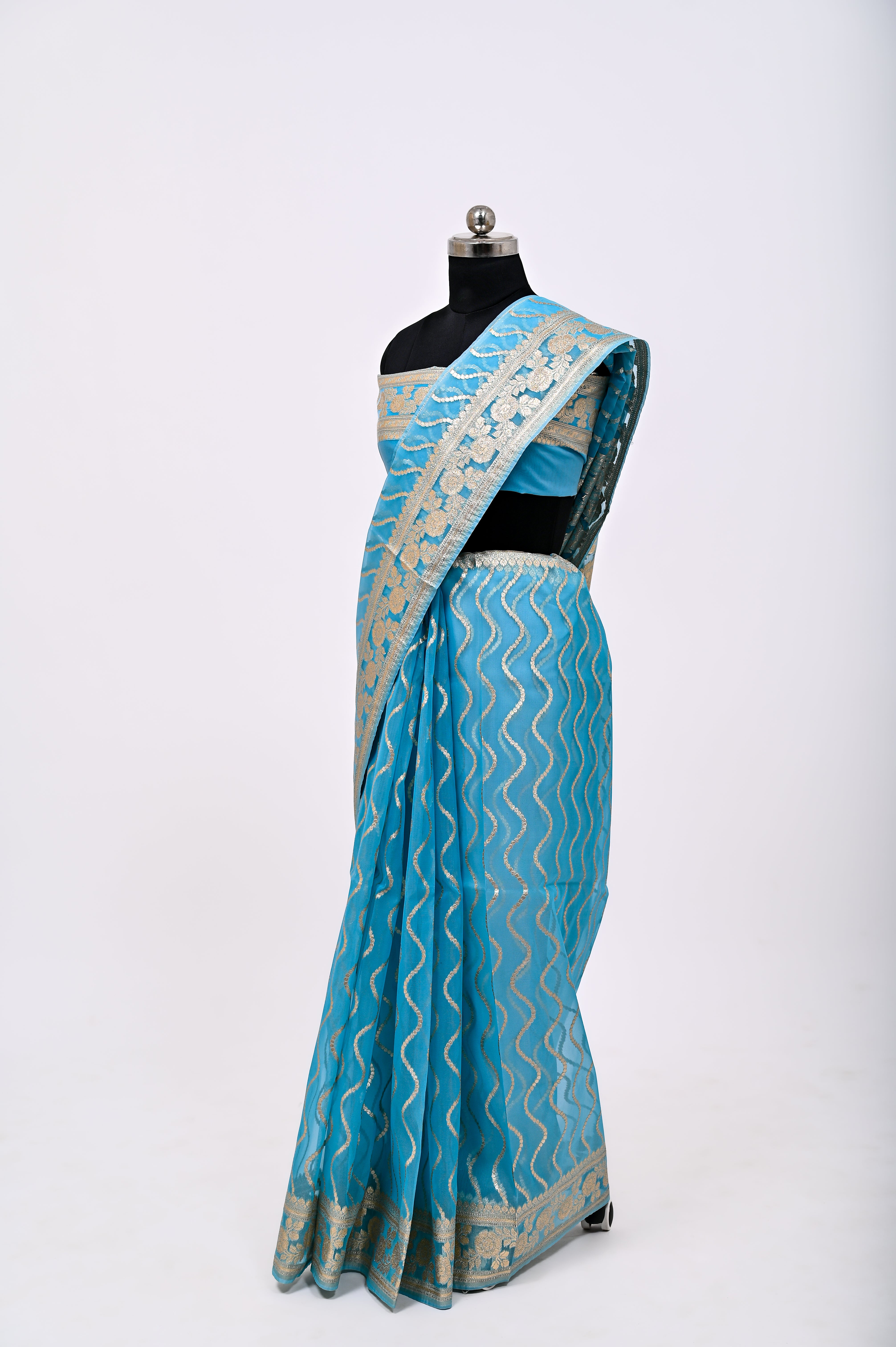 Pure Banarsi Handloom Orgenza Kora Silk Fancy Saree Feerozi, ( light blue)