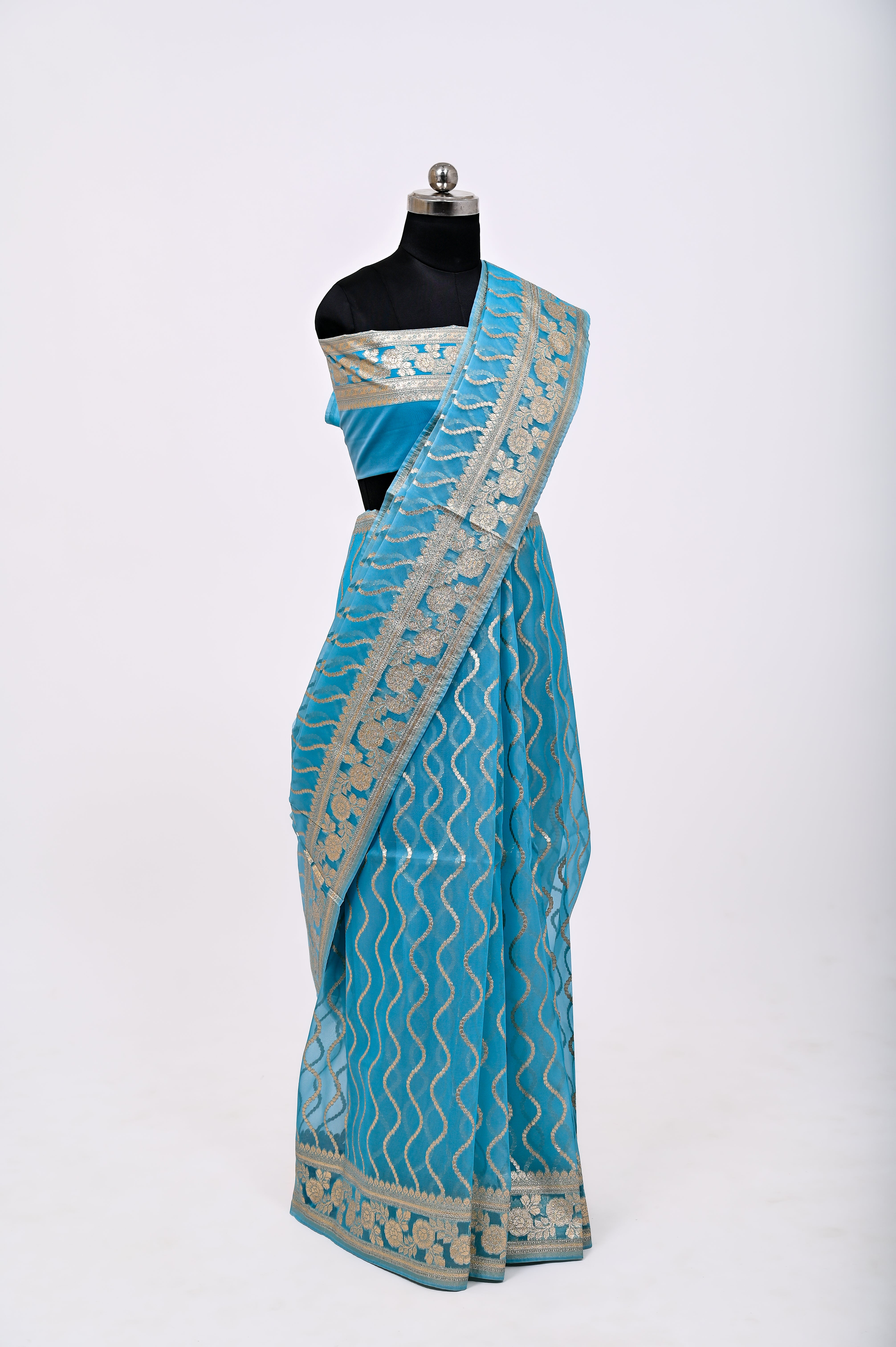 Pure Banarsi Handloom Orgenza Kora Silk Fancy Saree Feerozi, ( light blue)