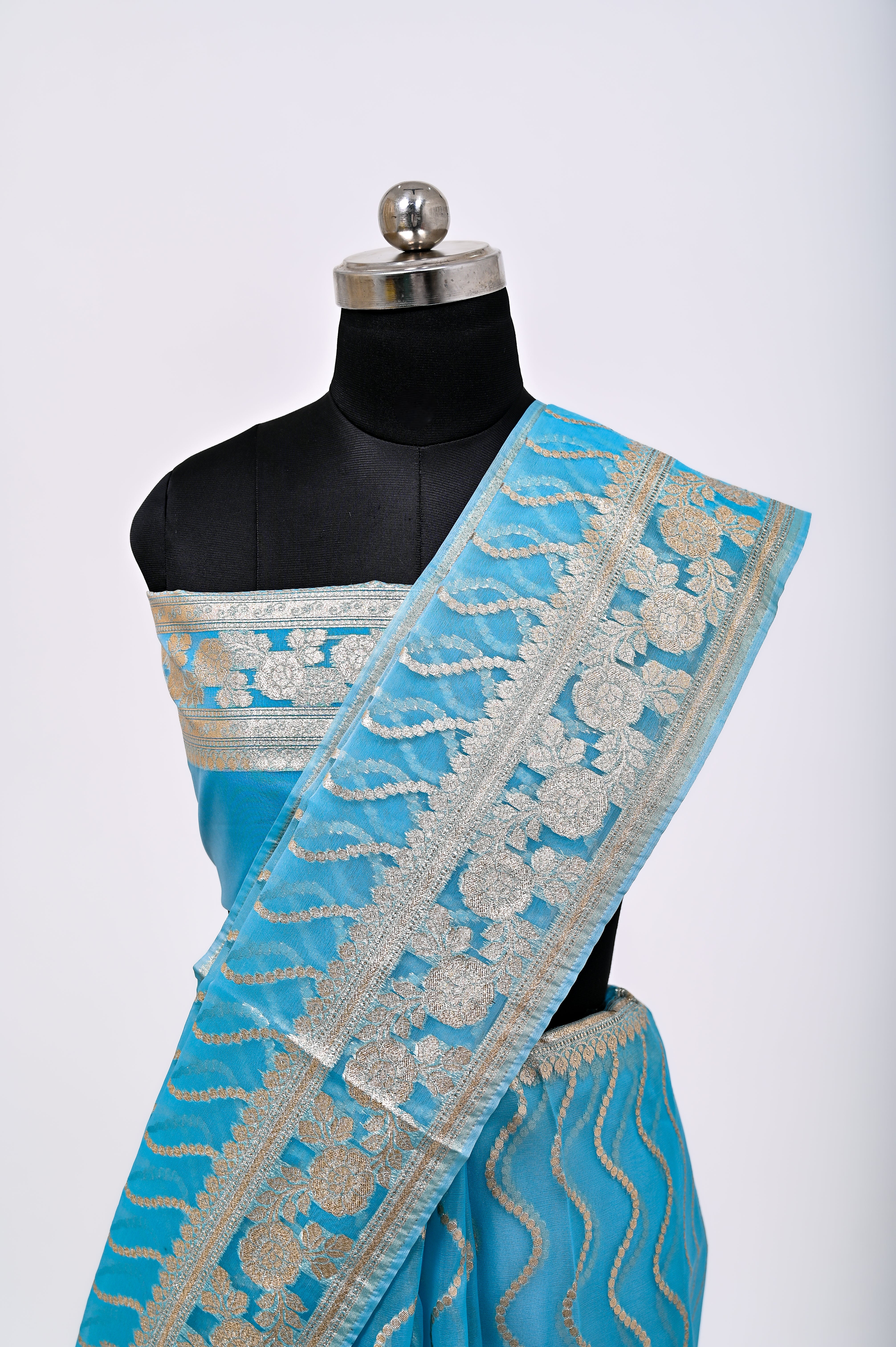 Pure Banarsi Handloom Orgenza Kora Silk Fancy Saree Feerozi, ( light blue)