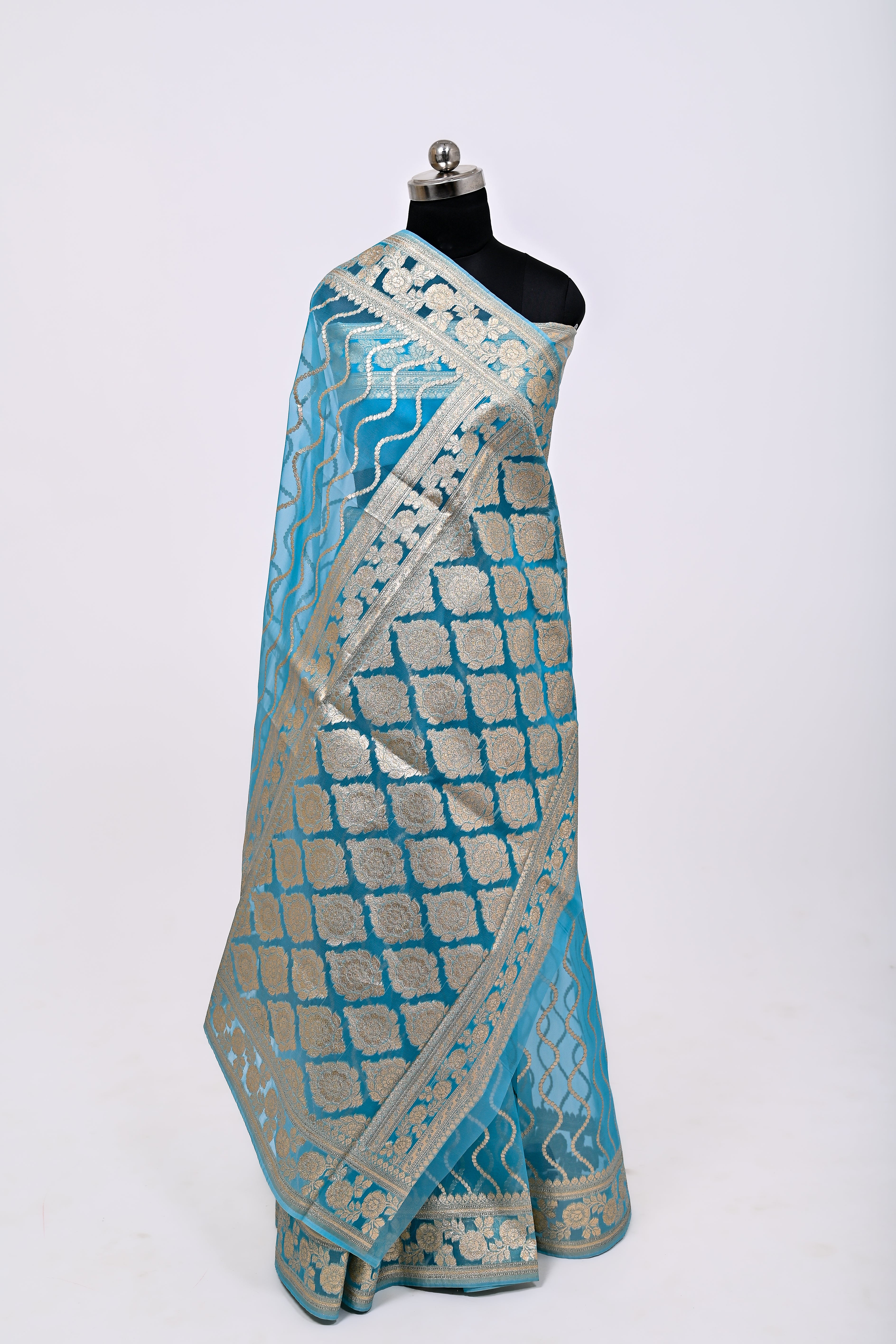 Pure Banarsi Handloom Orgenza Kora Silk Fancy Saree Feerozi, ( light blue)