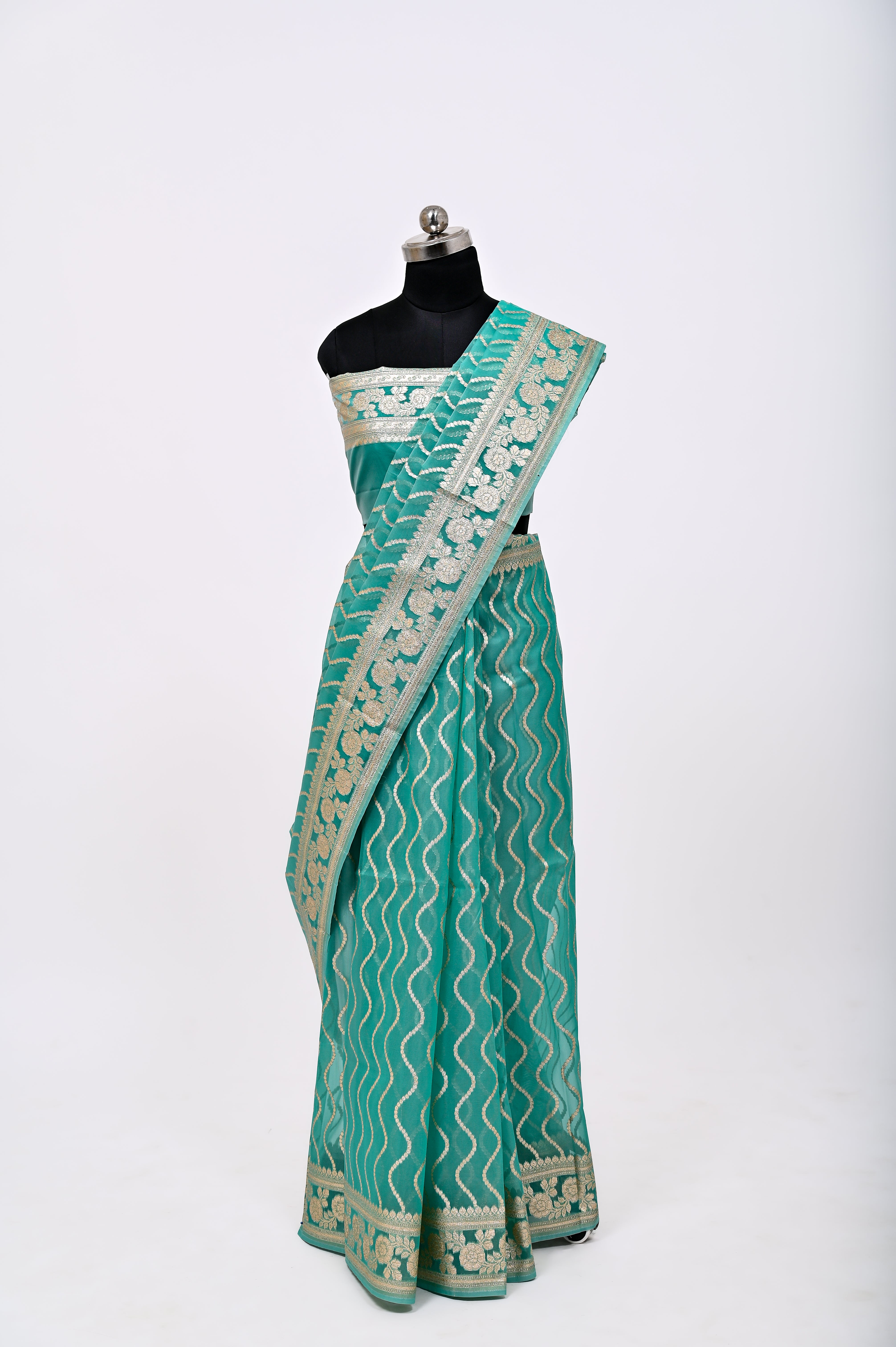 Pure Banarsi Handloom Orgenza Kora Silk Fancy Saree C Green