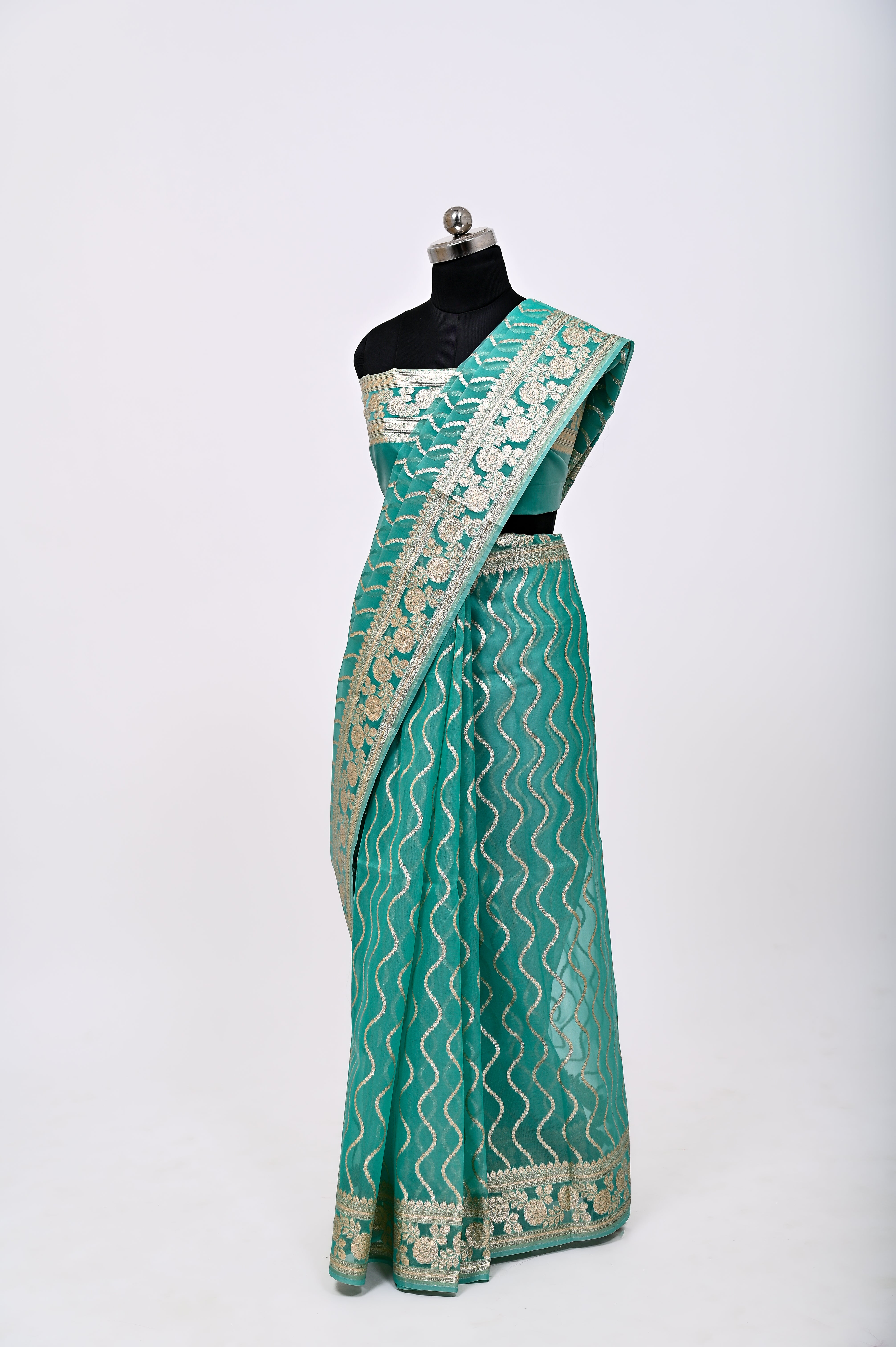 Pure Banarsi Handloom Orgenza Kora Silk Fancy Saree C Green