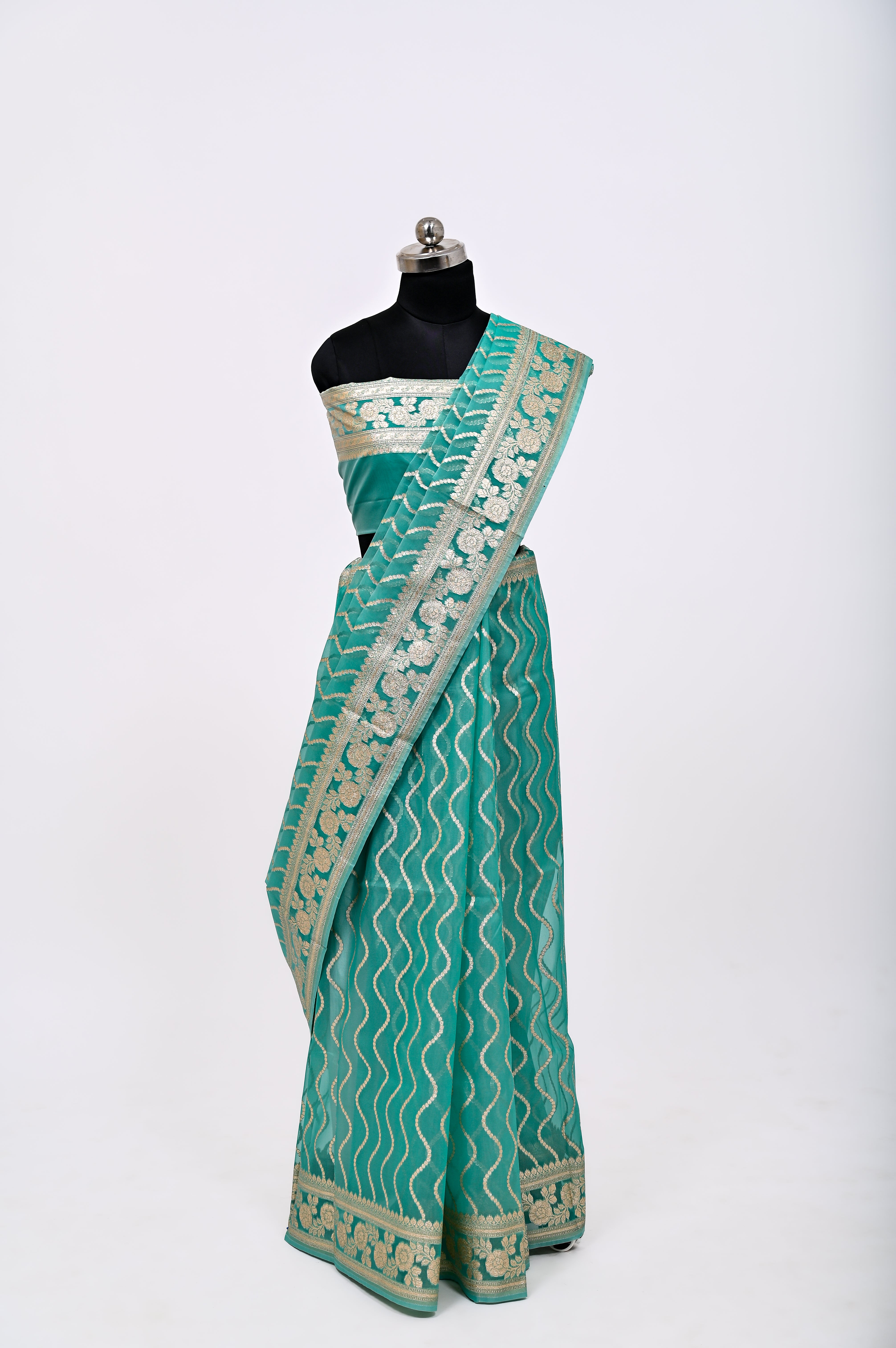 Pure Banarsi Handloom Orgenza Kora Silk Fancy Saree C Green
