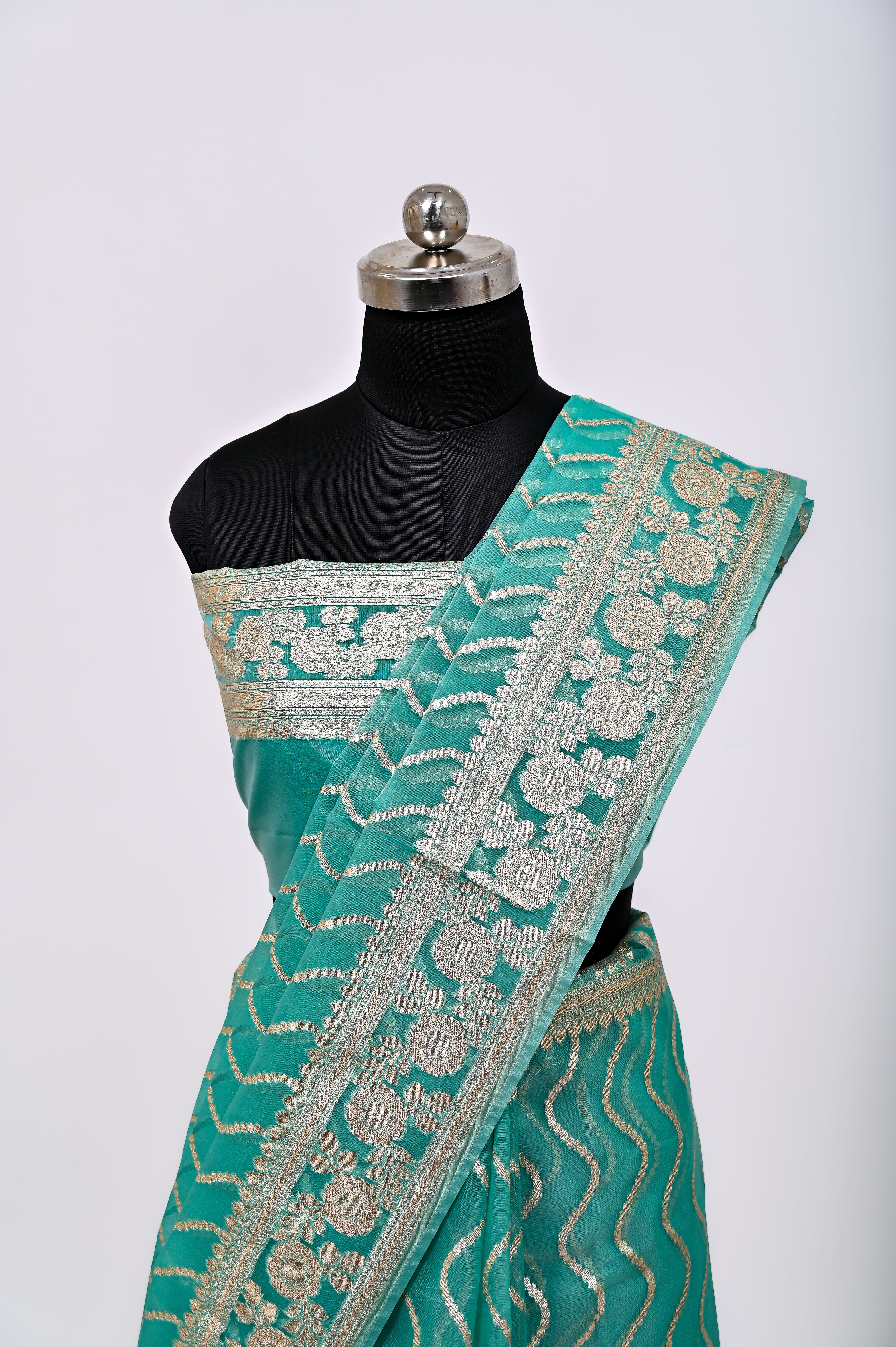 Pure Banarsi Handloom Orgenza Kora Silk Fancy Saree C Green