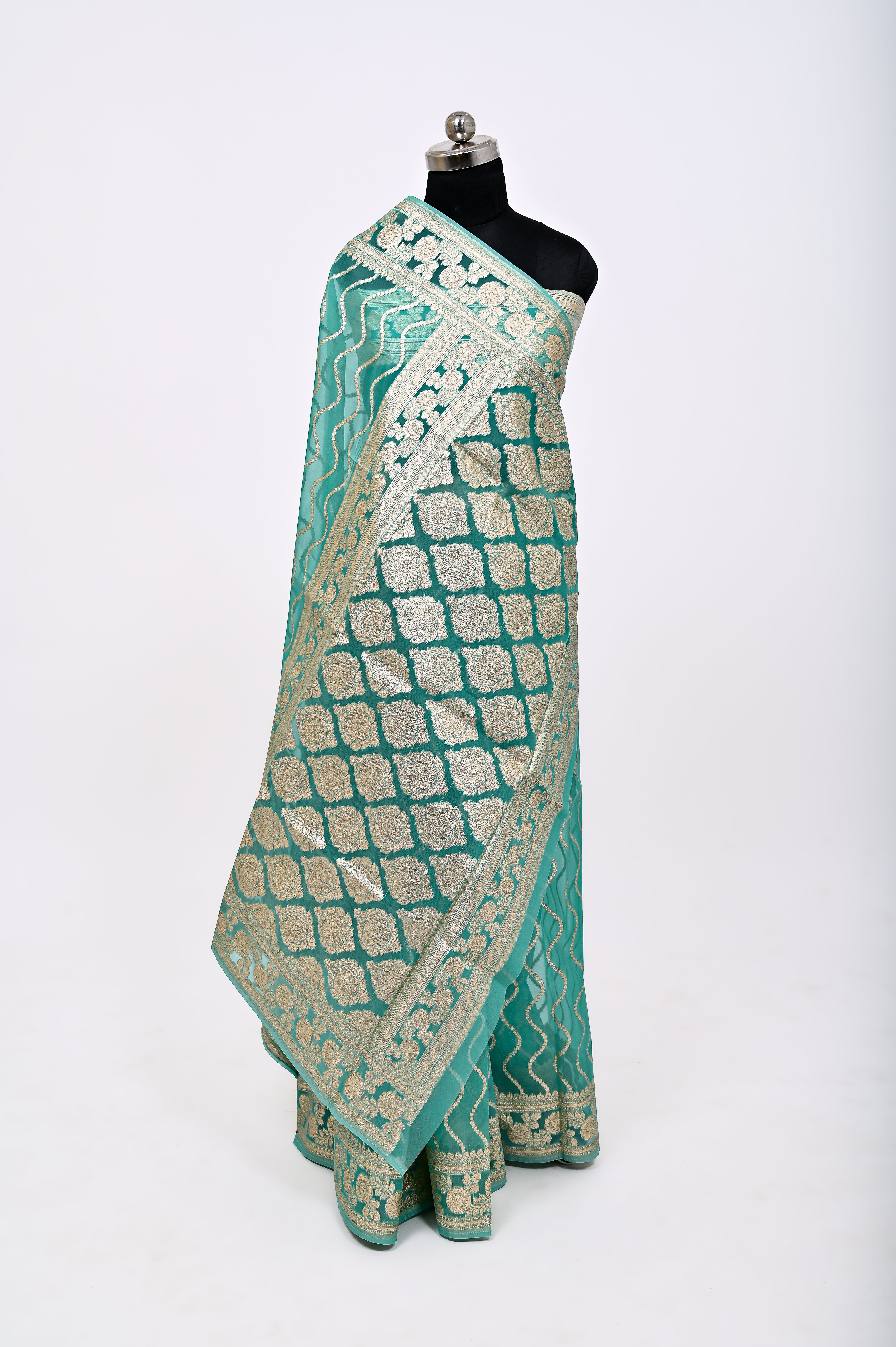 Pure Banarsi Handloom Orgenza Kora Silk Fancy Saree C Green