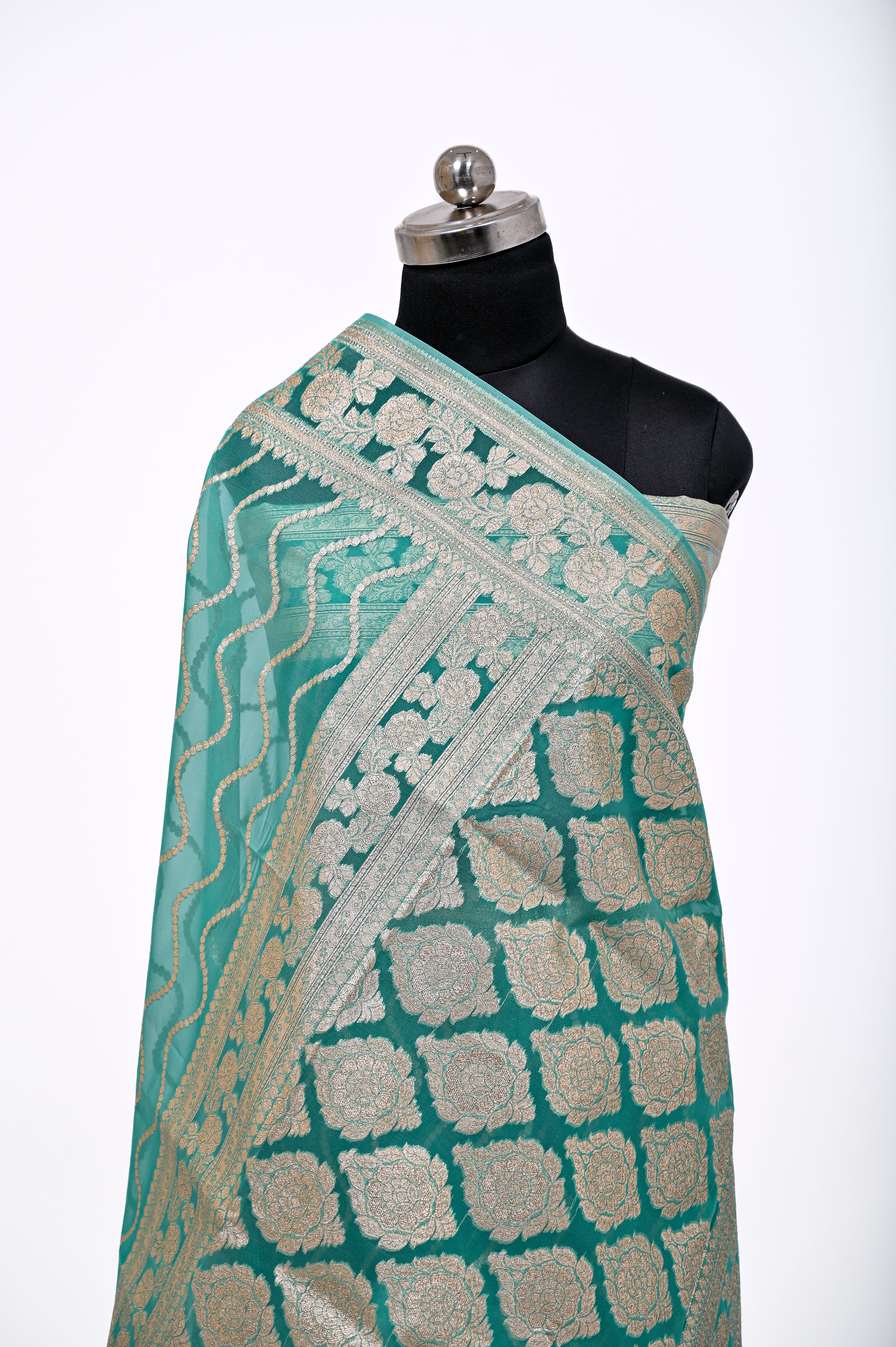 Pure Banarsi Handloom Orgenza Kora Silk Fancy Saree C Green
