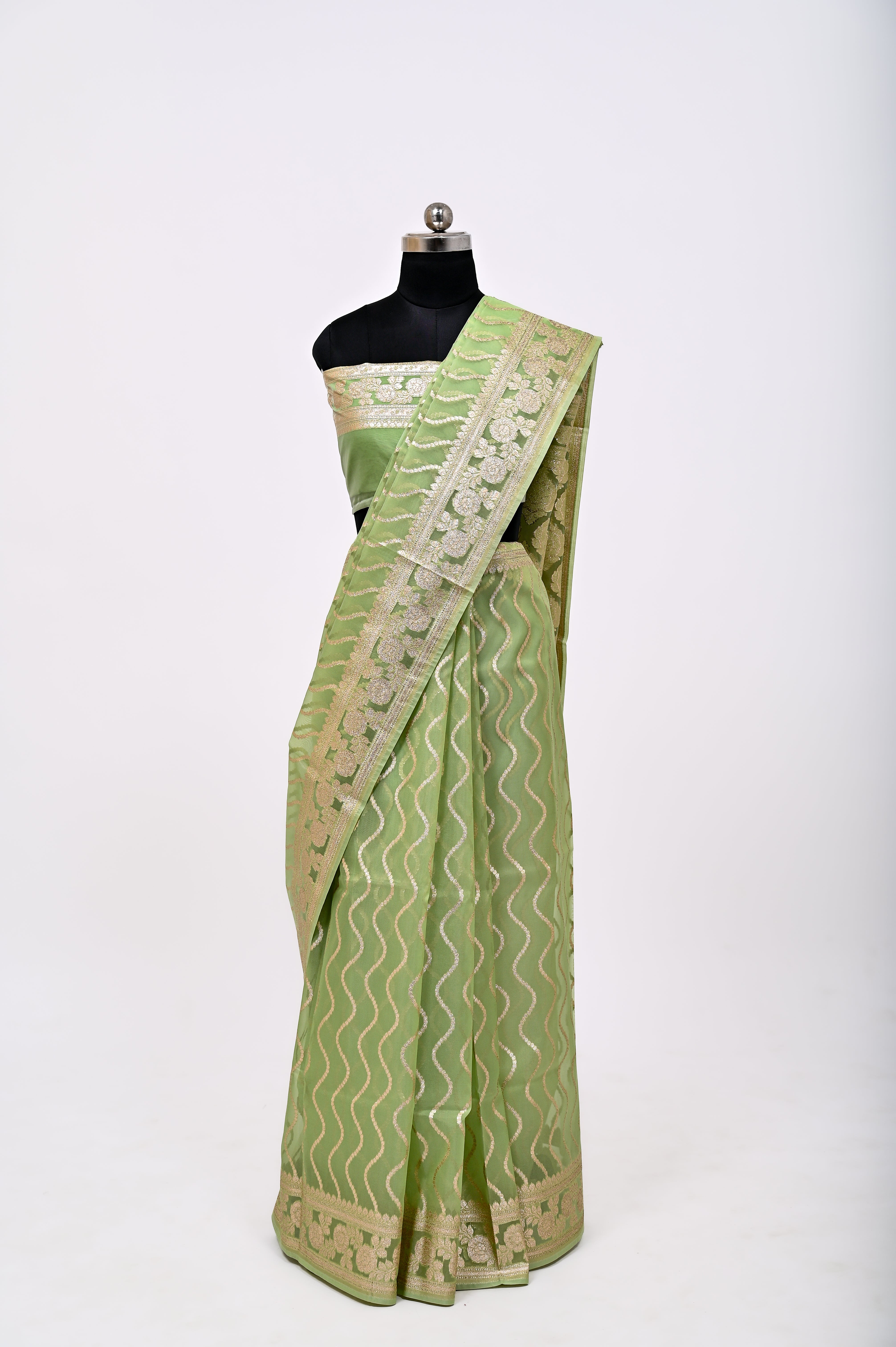 Pure Banarsi Handloom Orgenza Kora Silk Fancy Saree Pista