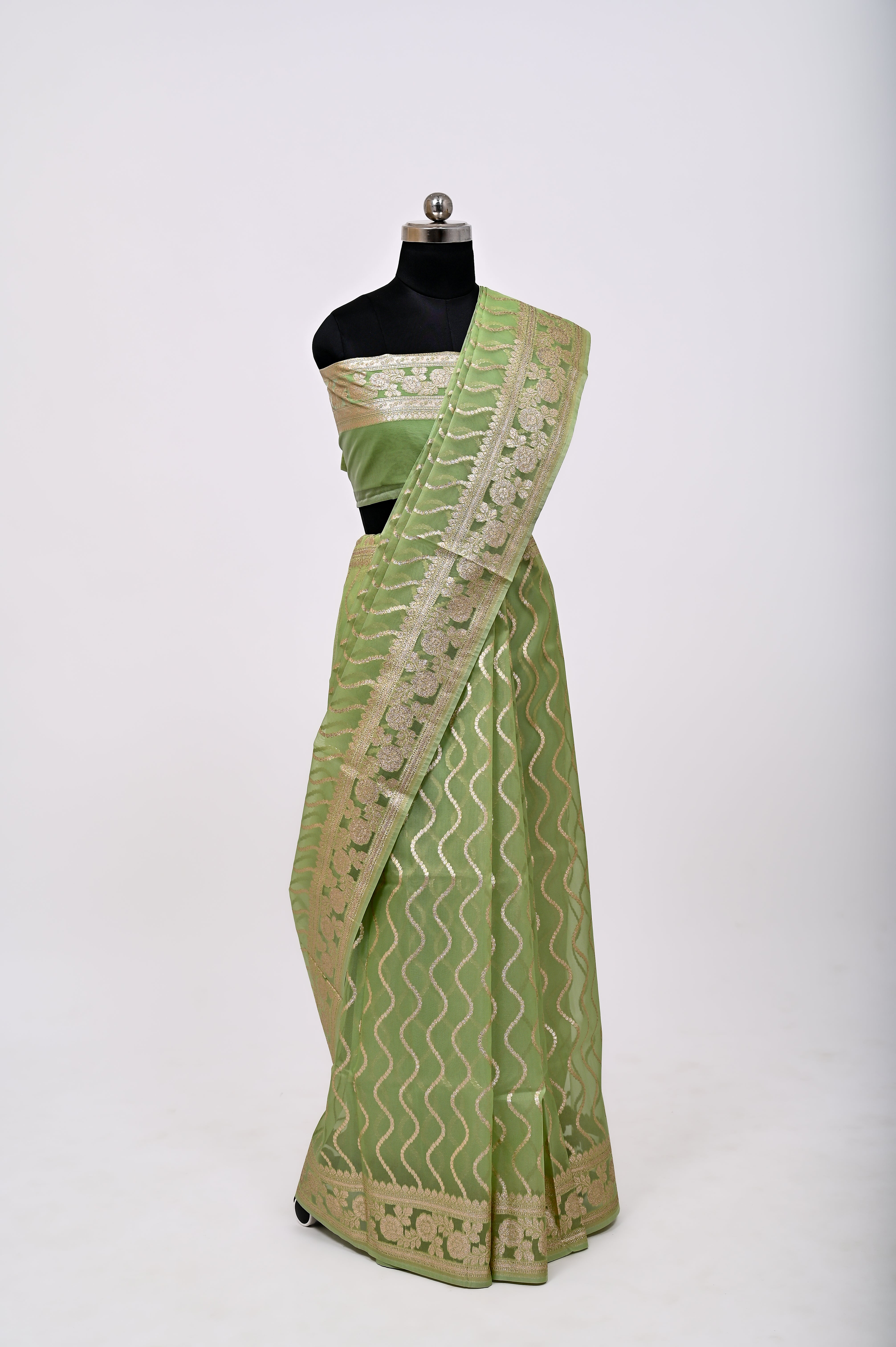 Pure Banarsi Handloom Orgenza Kora Silk Fancy Saree Pista