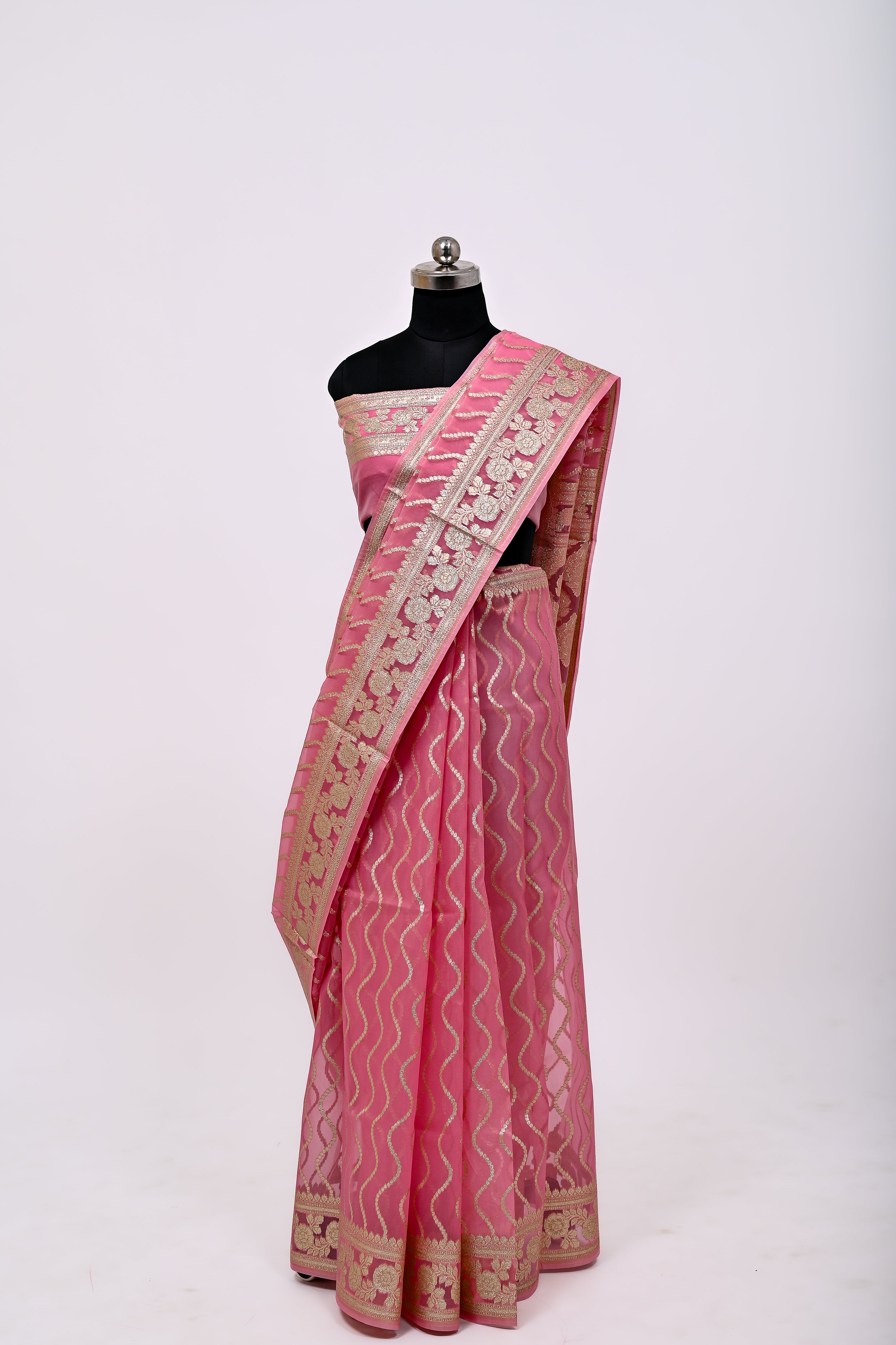 Pure Banarsi Handloom Orgenza Kora Silk Fancy Saree Light Strawberry