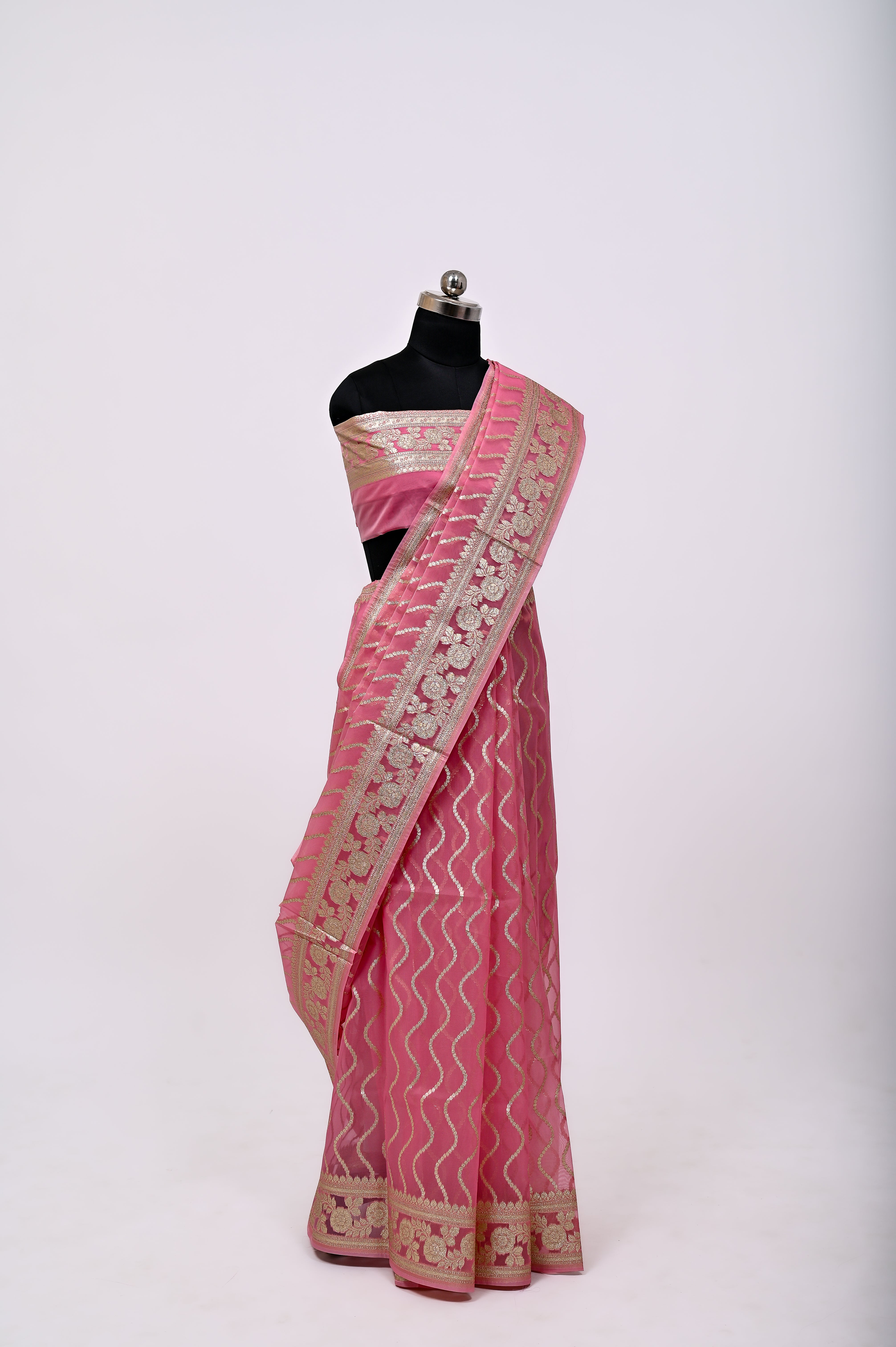 Pure Banarsi Handloom Orgenza Kora Silk Fancy Saree Light Strawberry
