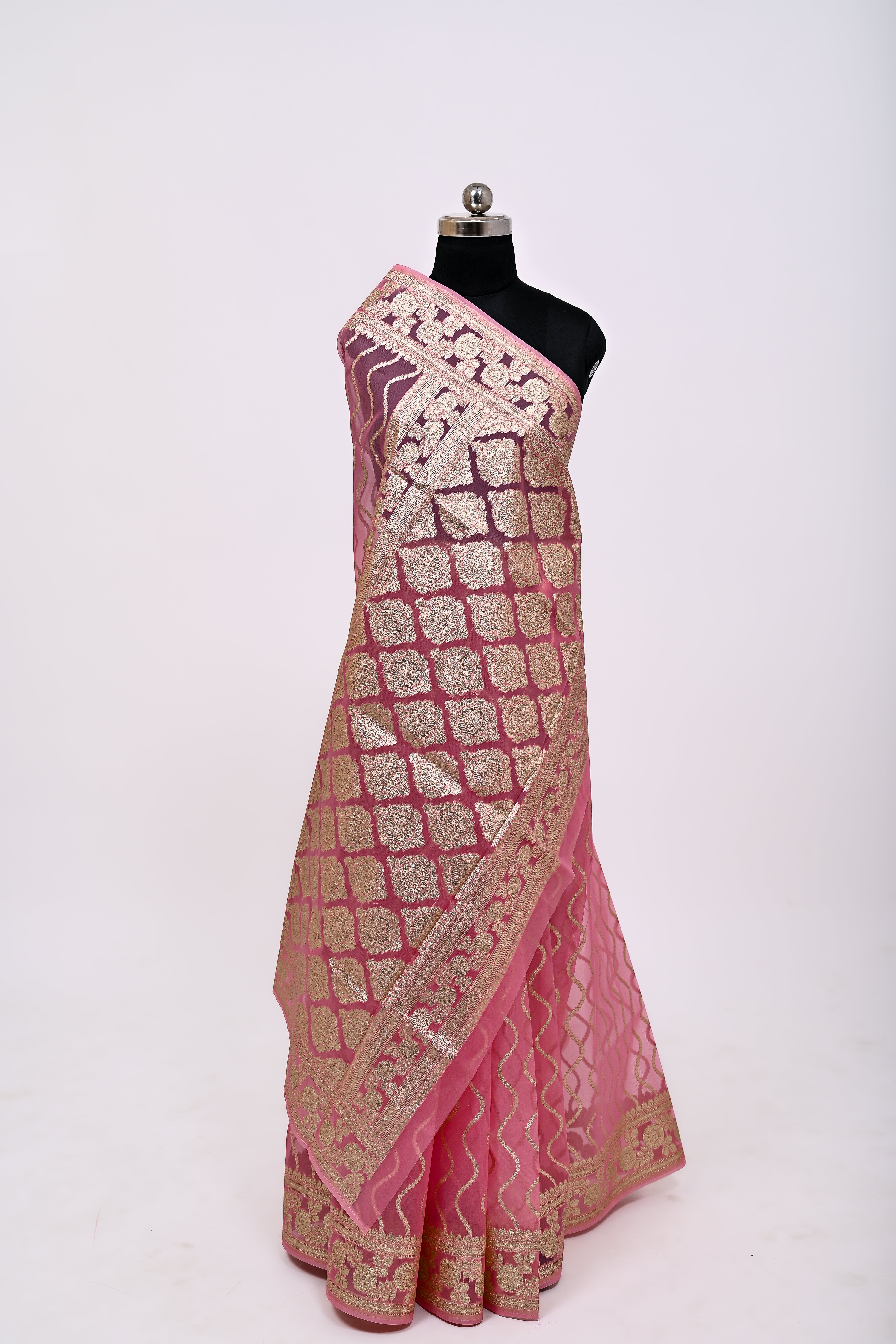 Pure Banarsi Handloom Orgenza Kora Silk Fancy Saree Light Strawberry