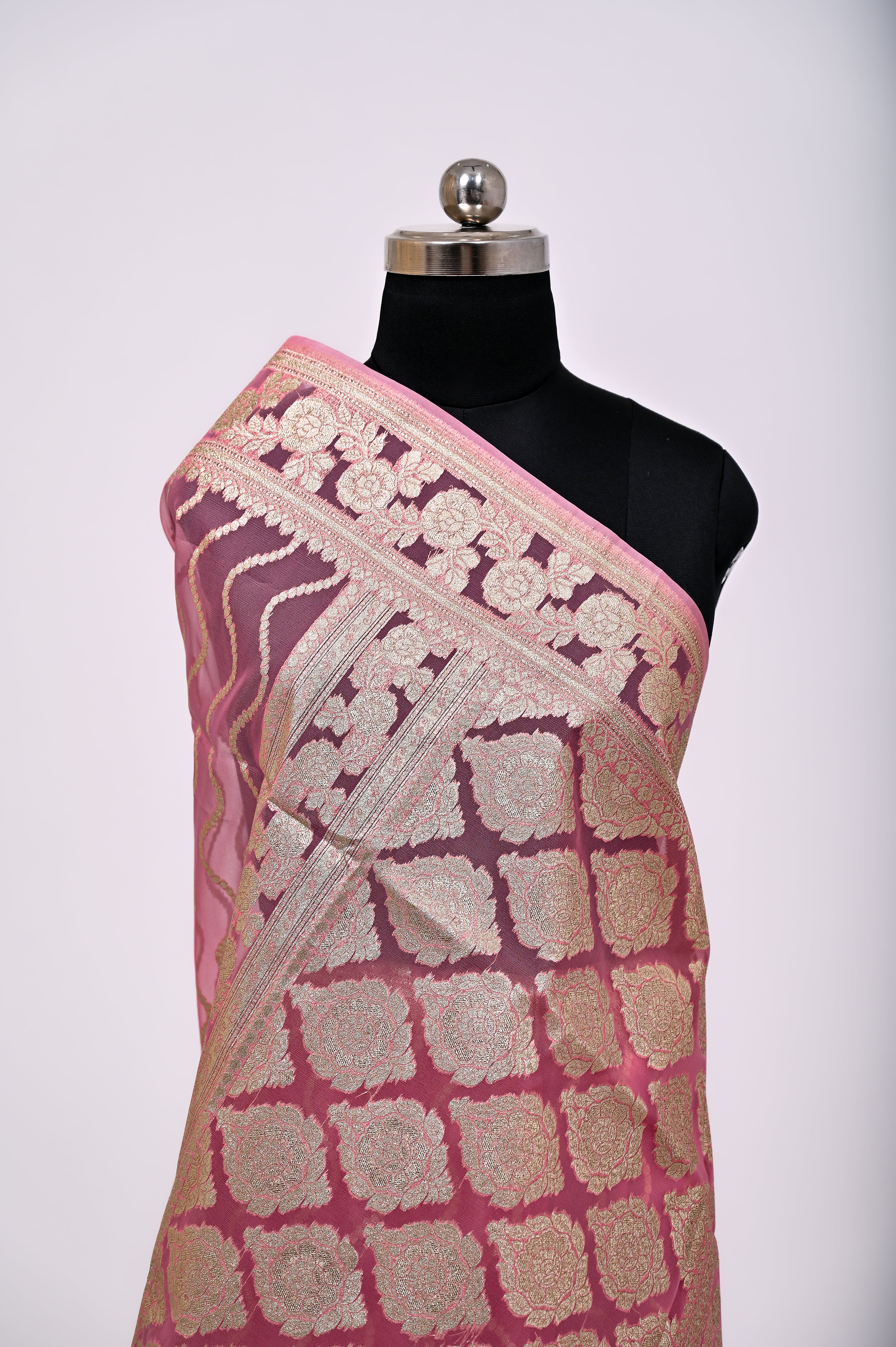 Pure Banarsi Handloom Orgenza Kora Silk Fancy Saree Light Strawberry