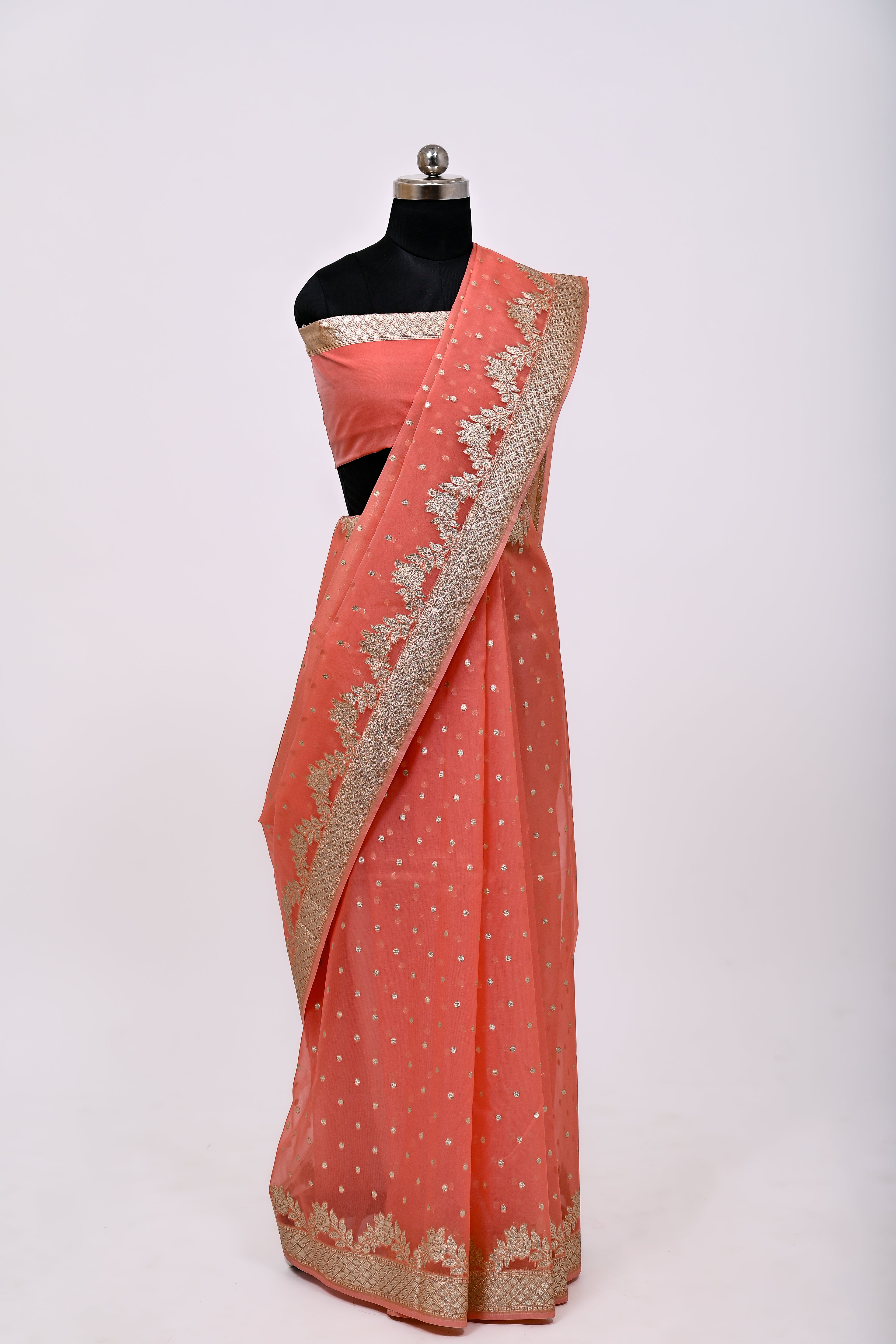 Pure Banarsi Handloom Orgenza Kora Silk Fancy Saree Peech Color
