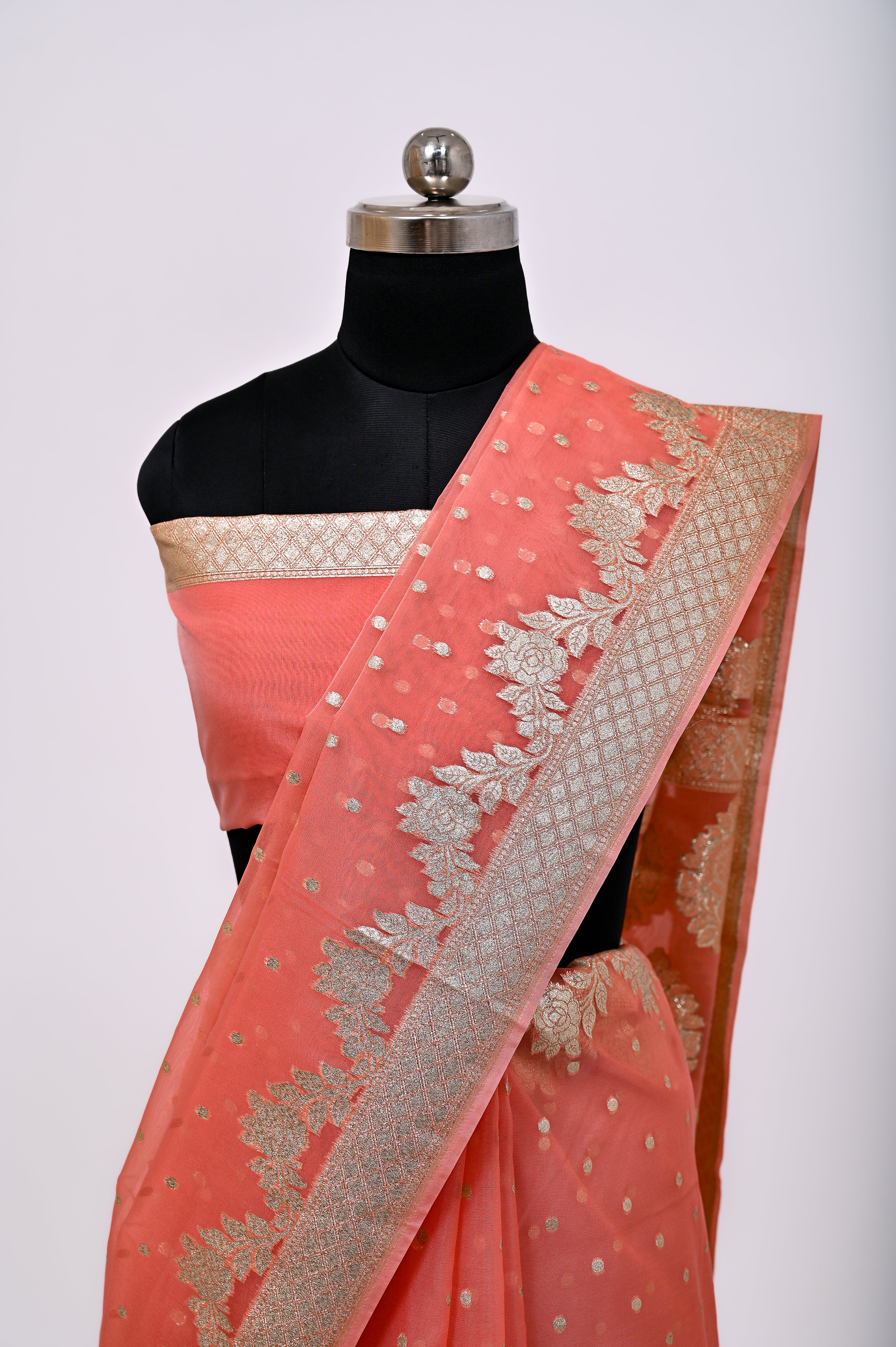 Pure Banarsi Handloom Orgenza Kora Silk Fancy Saree Peech Color