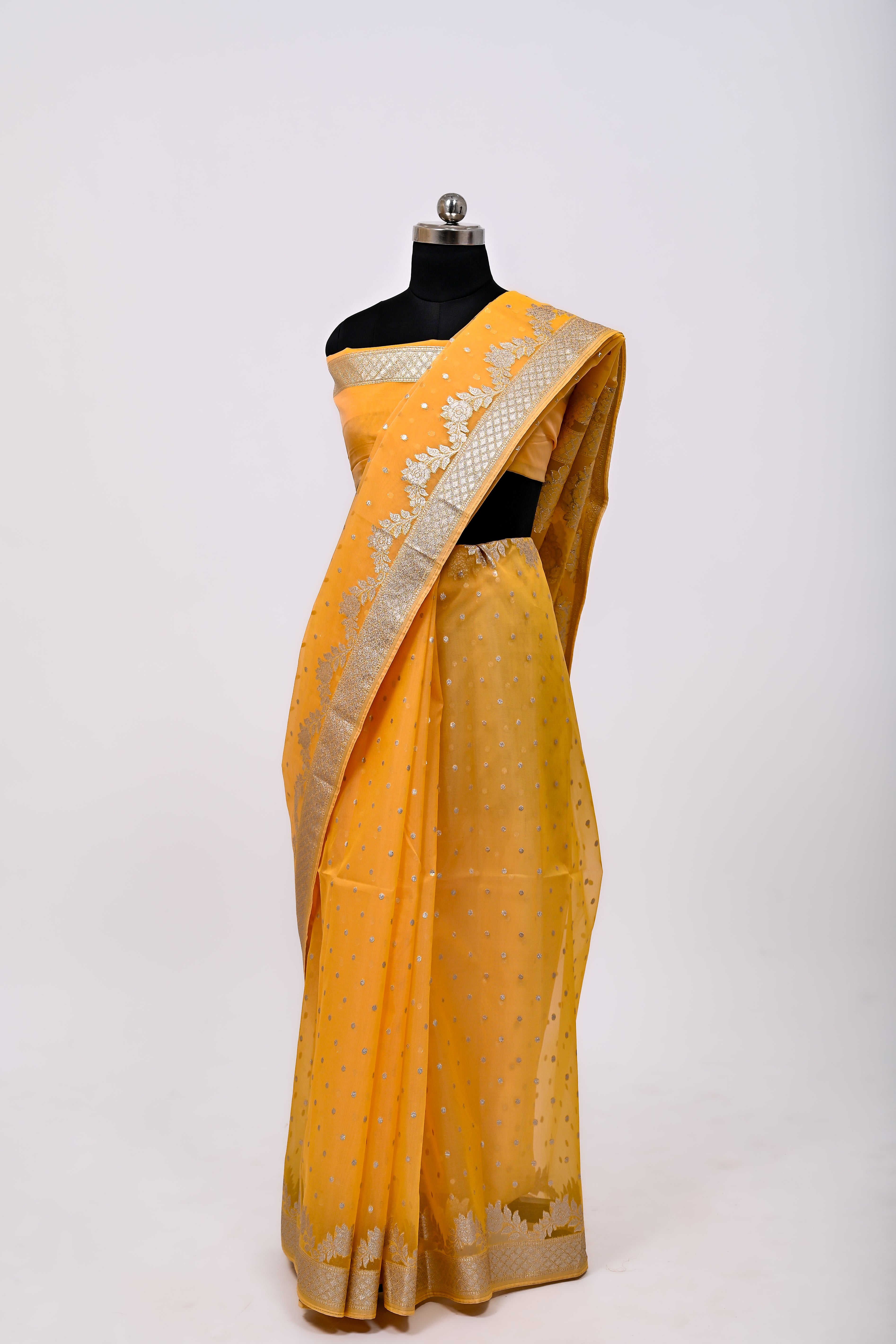 Pure Banarsi Handloom Orgenza Kora Silk Fancy Saree Yellow