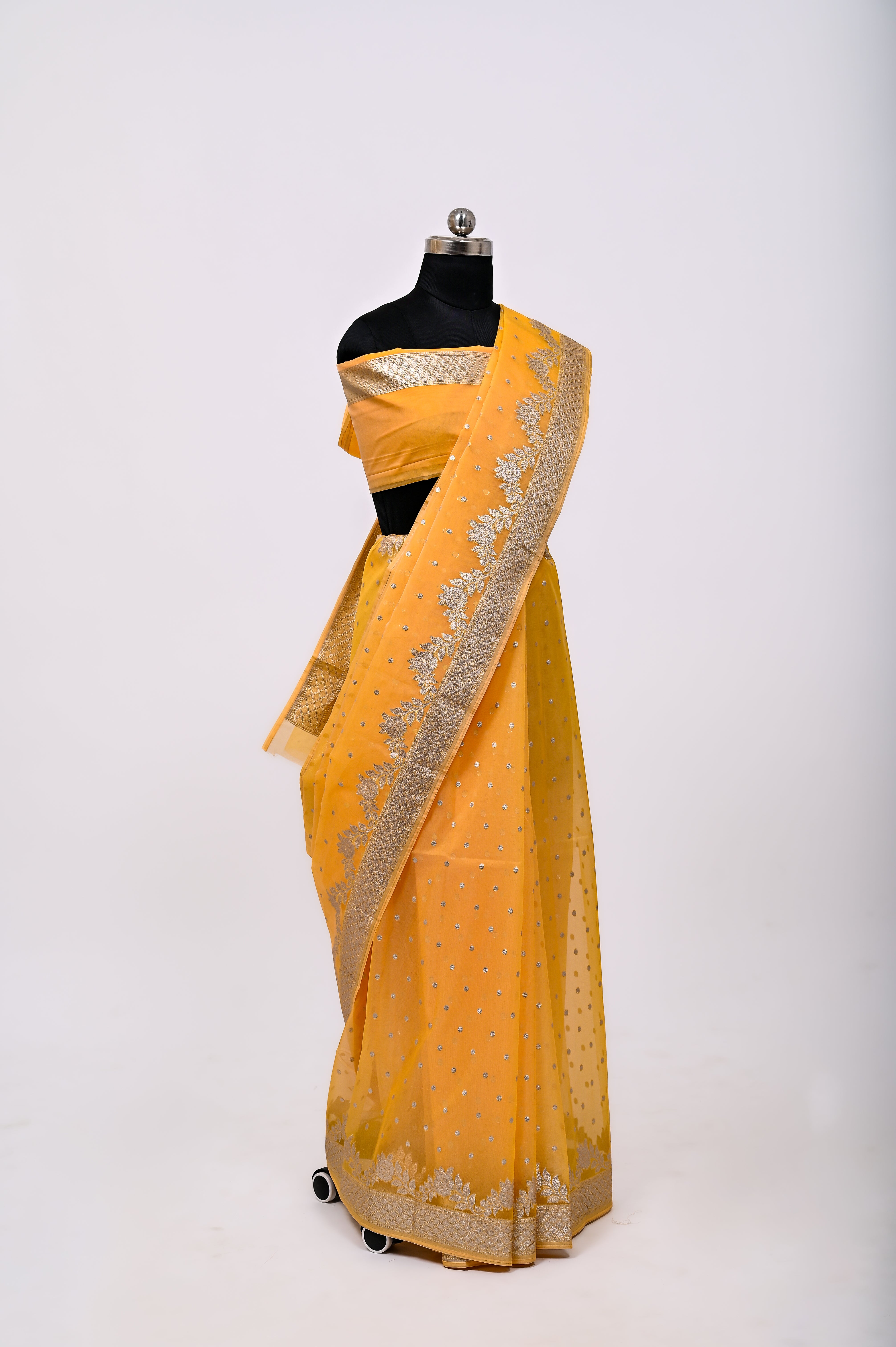 Pure Banarsi Handloom Orgenza Kora Silk Fancy Saree Yellow