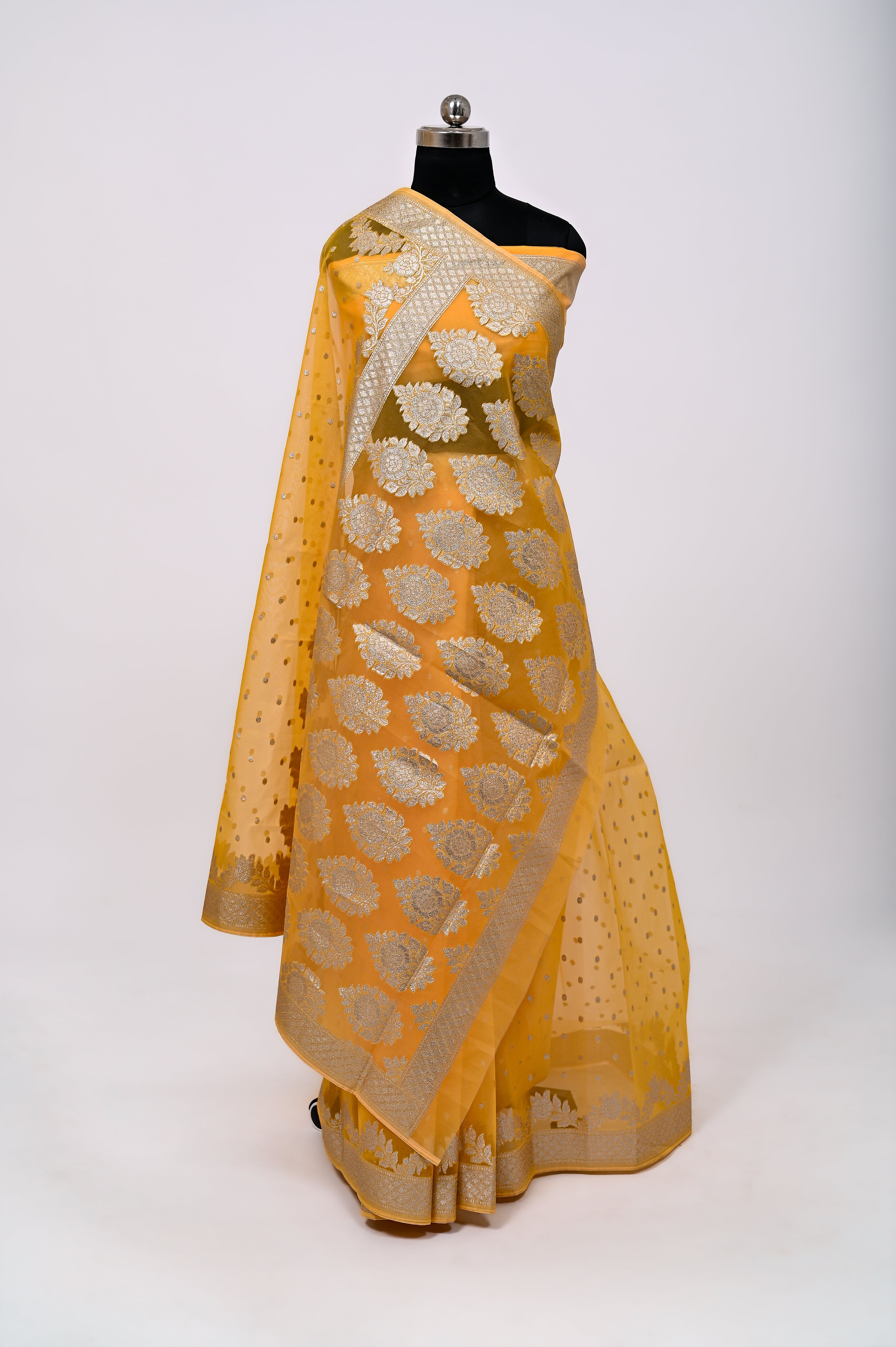 Pure Banarsi Handloom Orgenza Kora Silk Fancy Saree Yellow