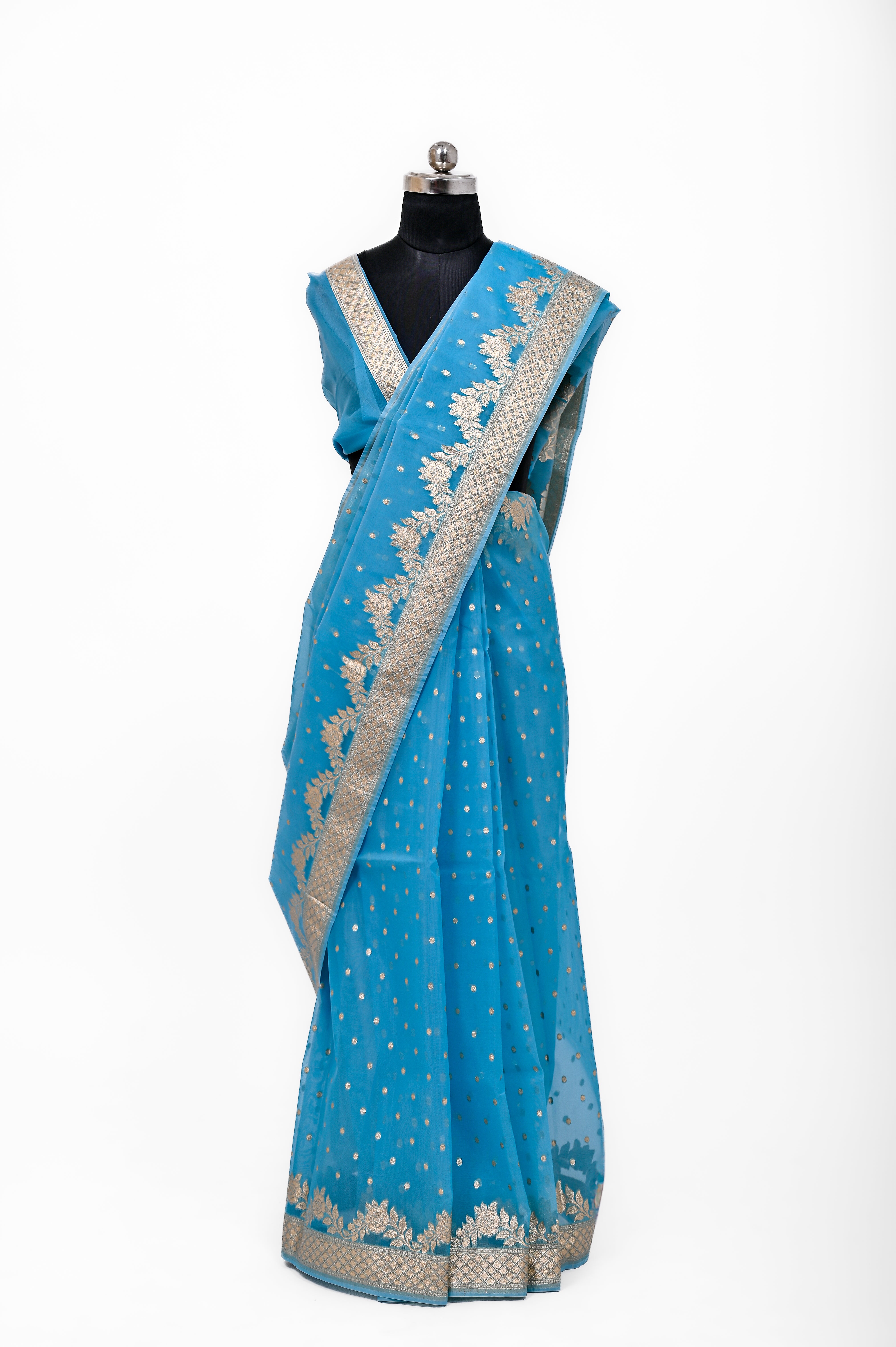 Pure Banarsi Handloom Orgenza Kora Silk Fancy Saree Peacock Blue