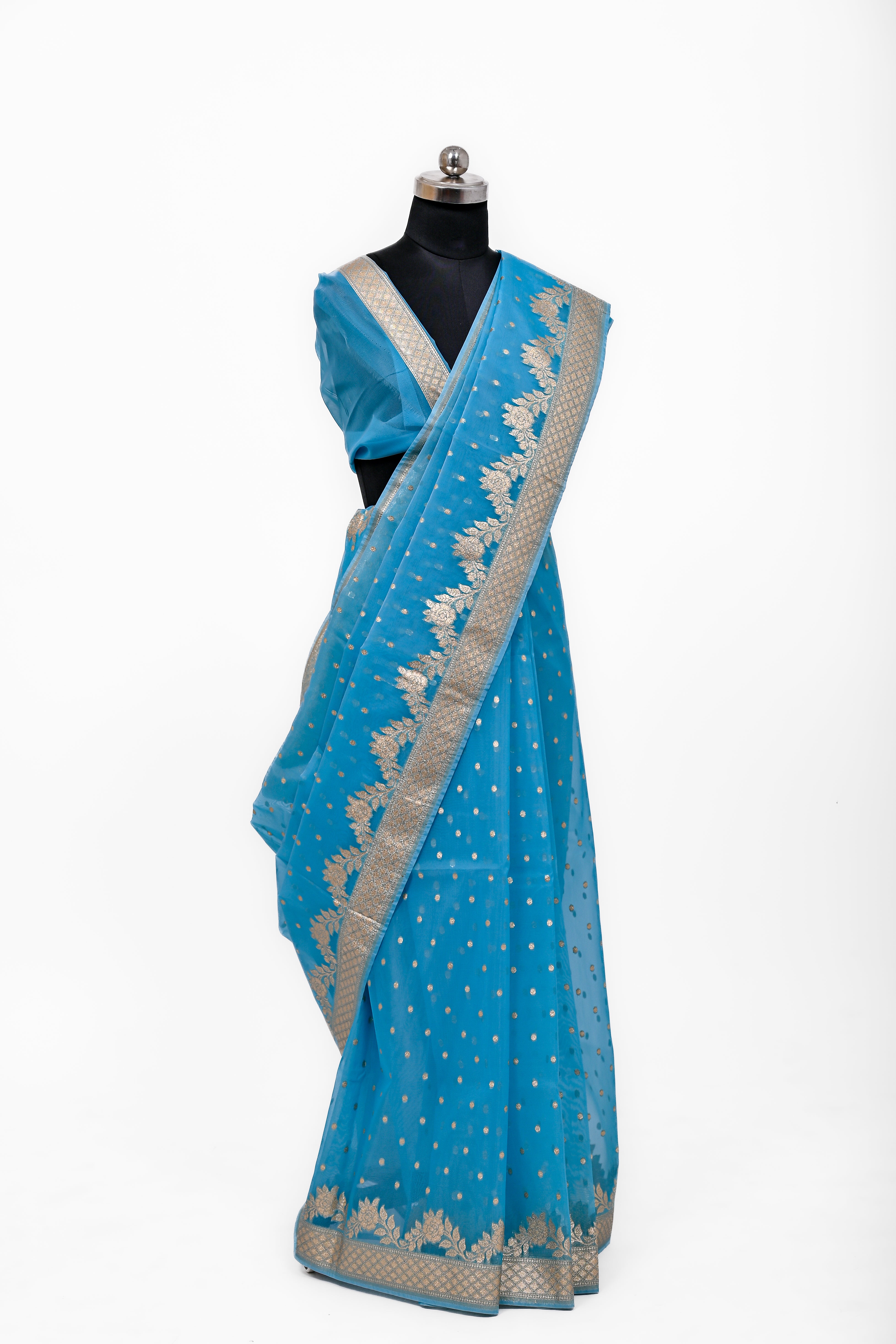 Pure Banarsi Handloom Orgenza Kora Silk Fancy Saree Peacock Blue
