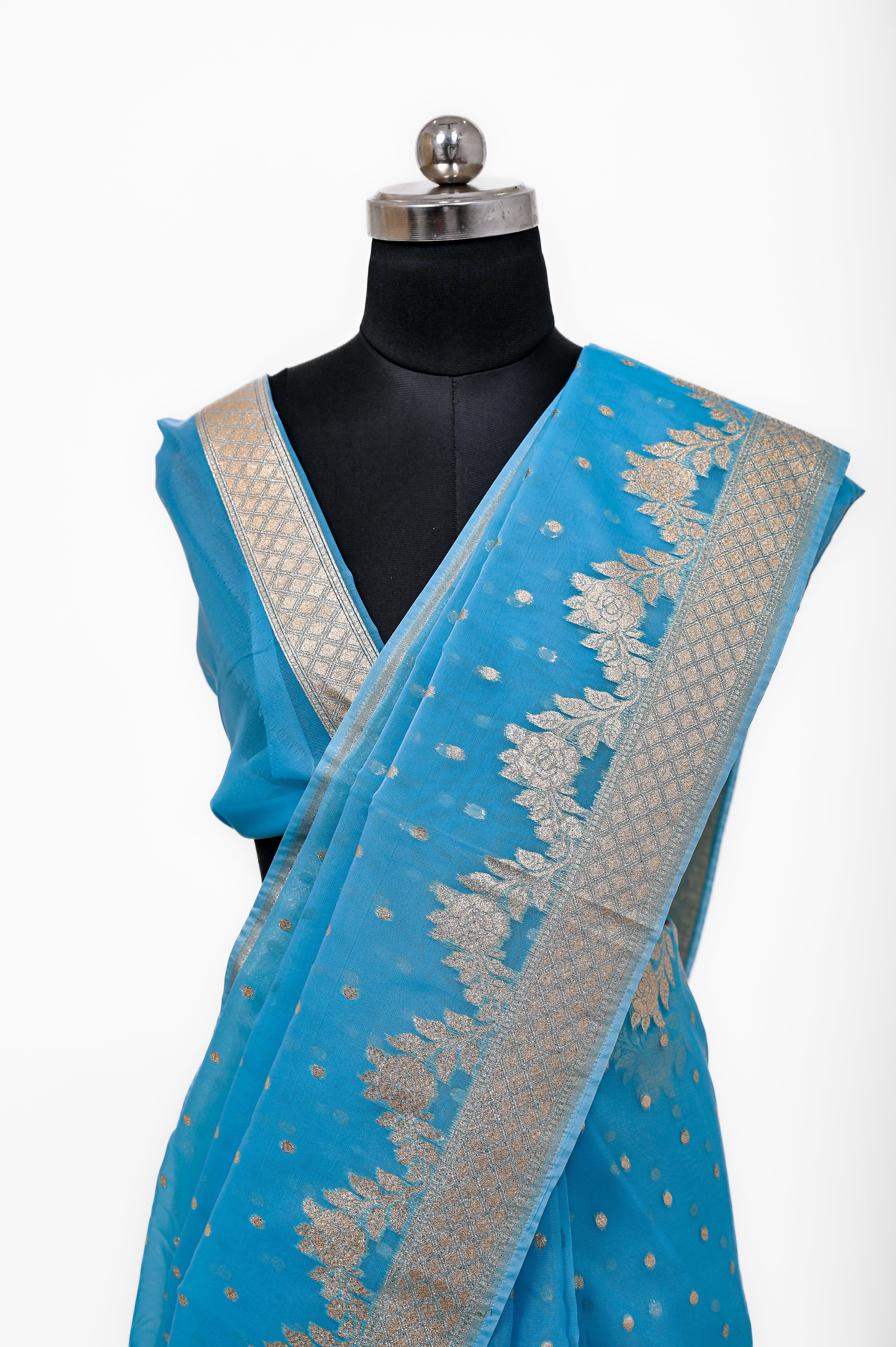 Pure Banarsi Handloom Orgenza Kora Silk Fancy Saree Peacock Blue