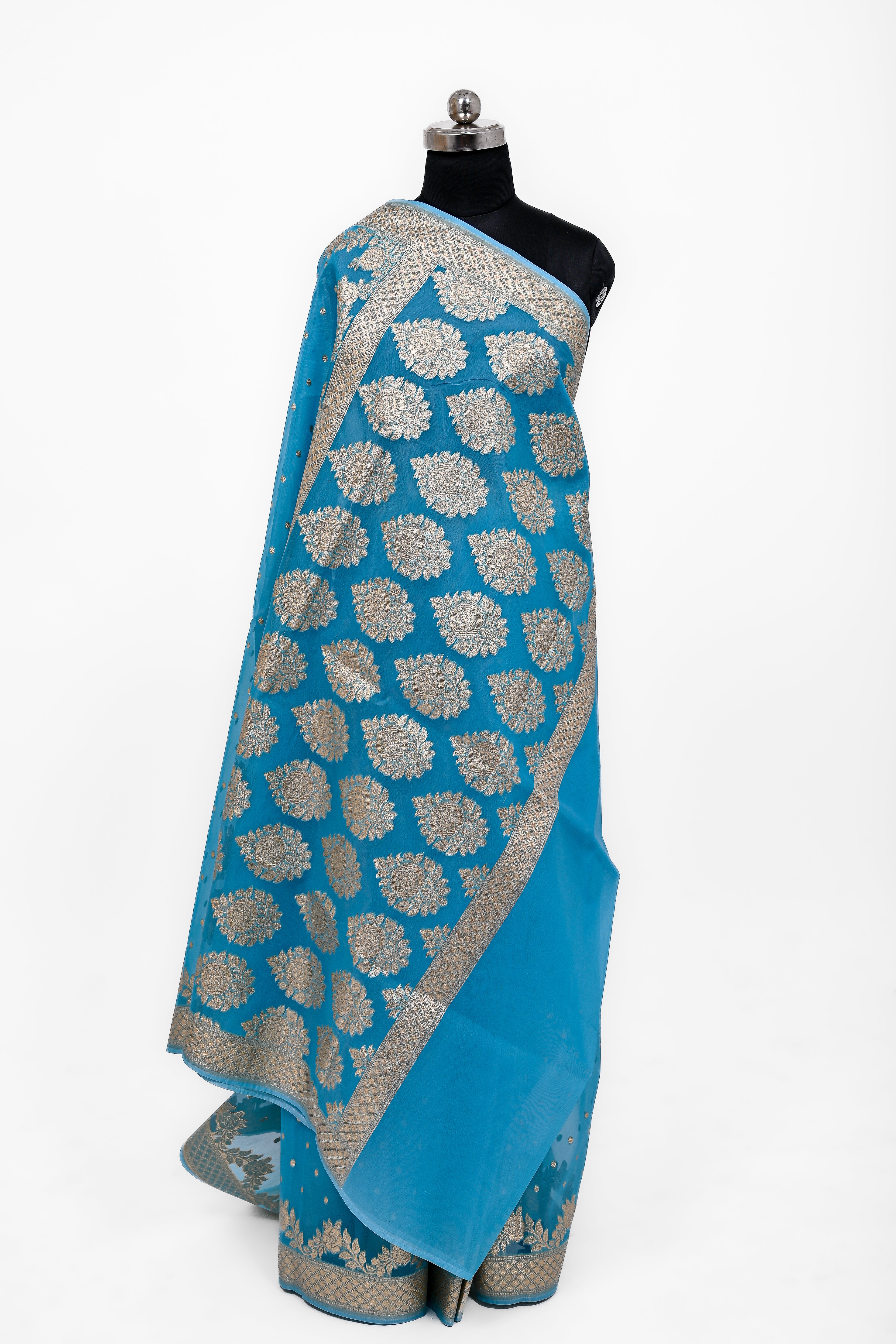 Pure Banarsi Handloom Orgenza Kora Silk Fancy Saree Peacock Blue