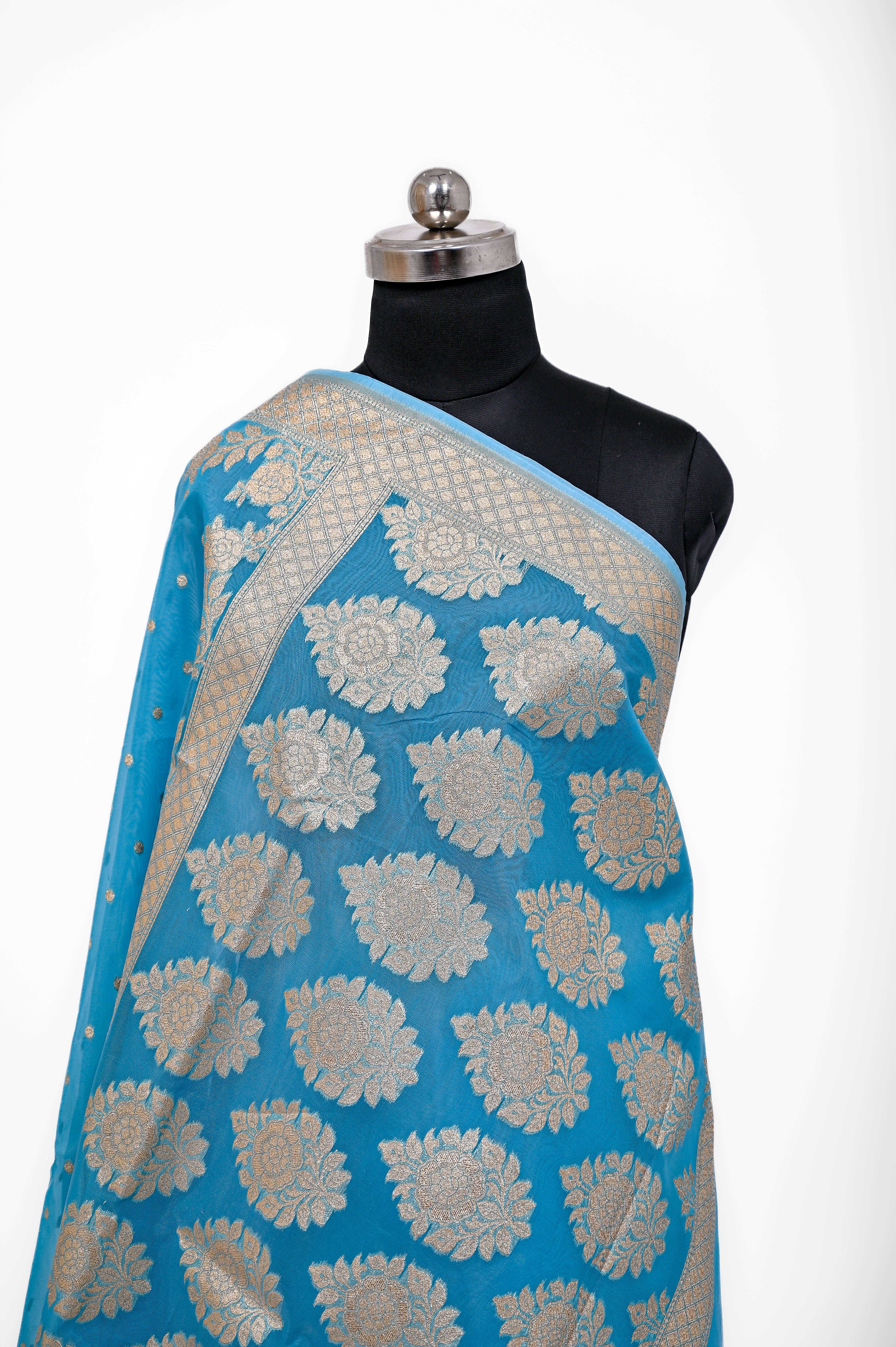 Pure Banarsi Handloom Orgenza Kora Silk Fancy Saree Peacock Blue