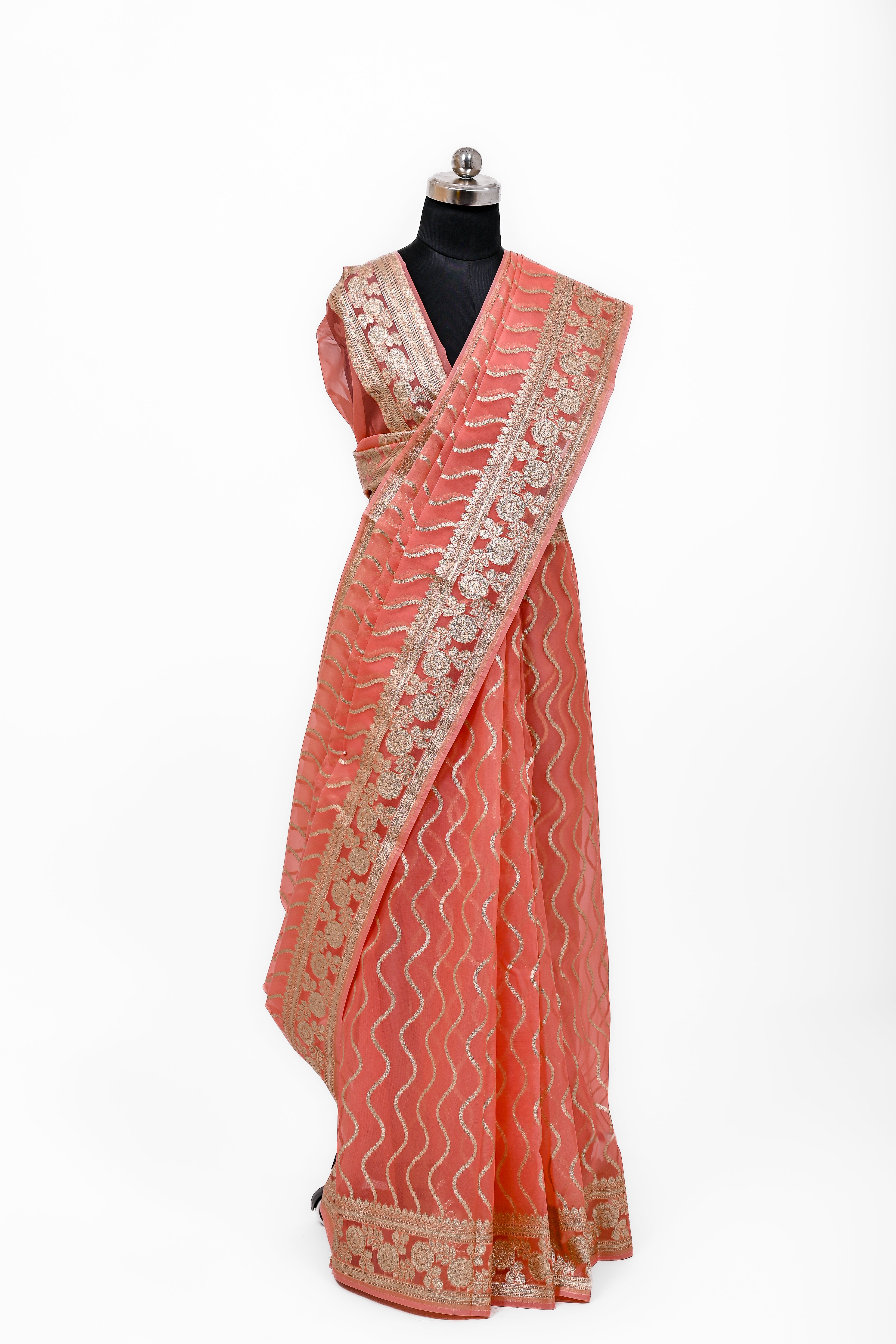 Pure Banarsi Handloom Orgenza Kora Silk Fancy Saree Peech