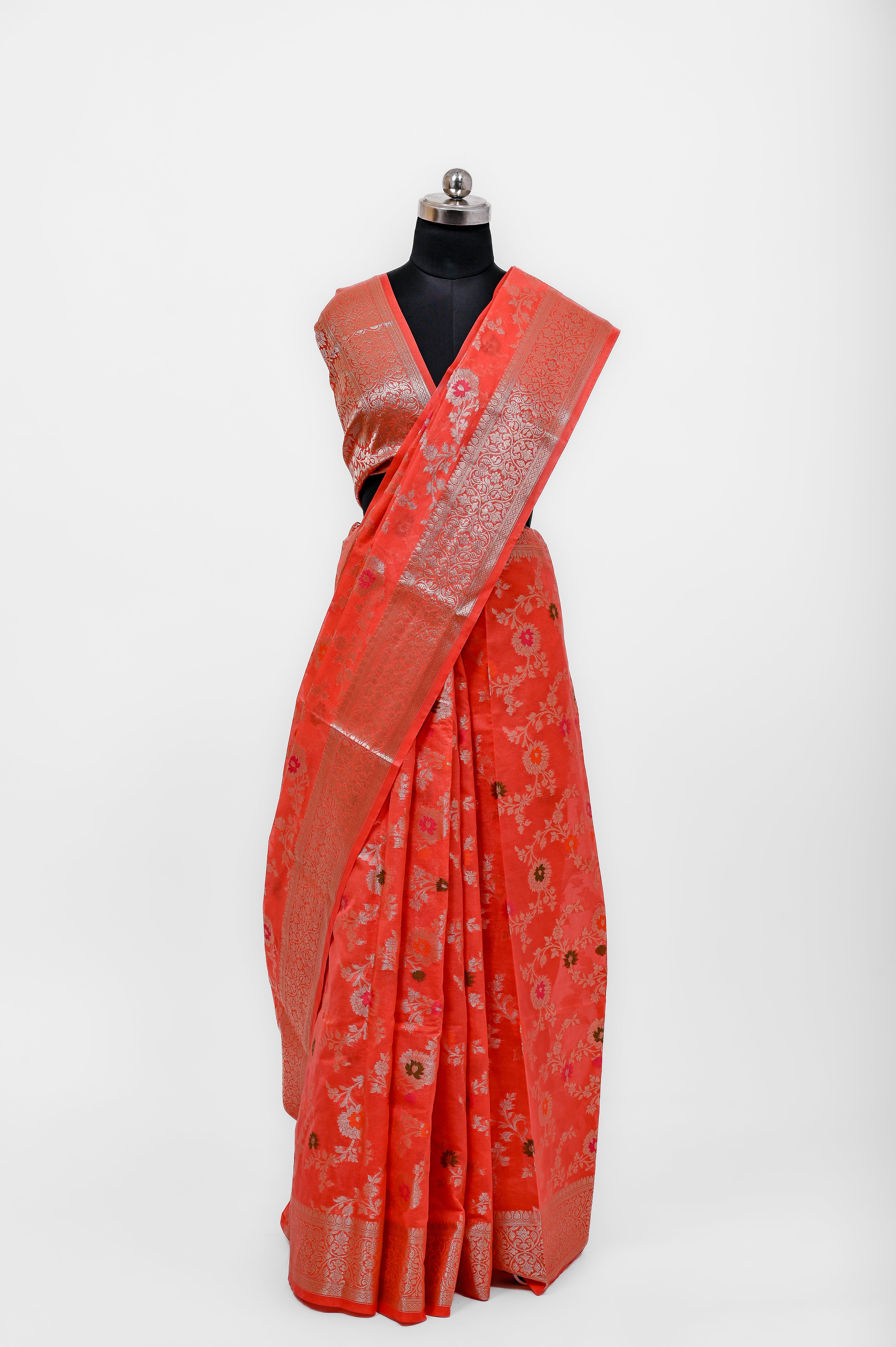 Pure Banarsi  Handloom Fancy Meenakari Alfi Georgett Silk Saree Tomato Red