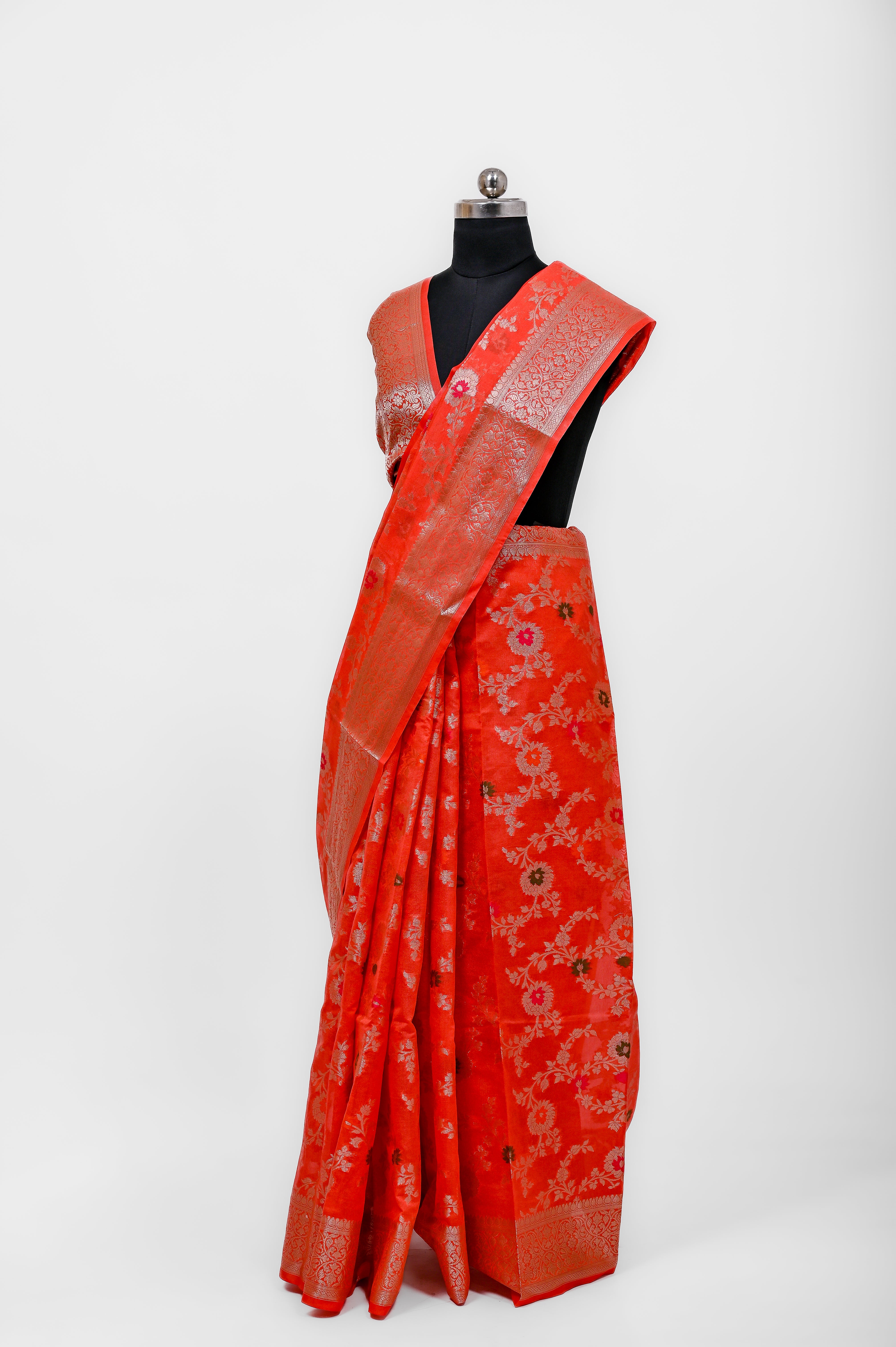 Pure Banarsi  Handloom Fancy Meenakari Alfi Georgett Silk Saree Tomato Red