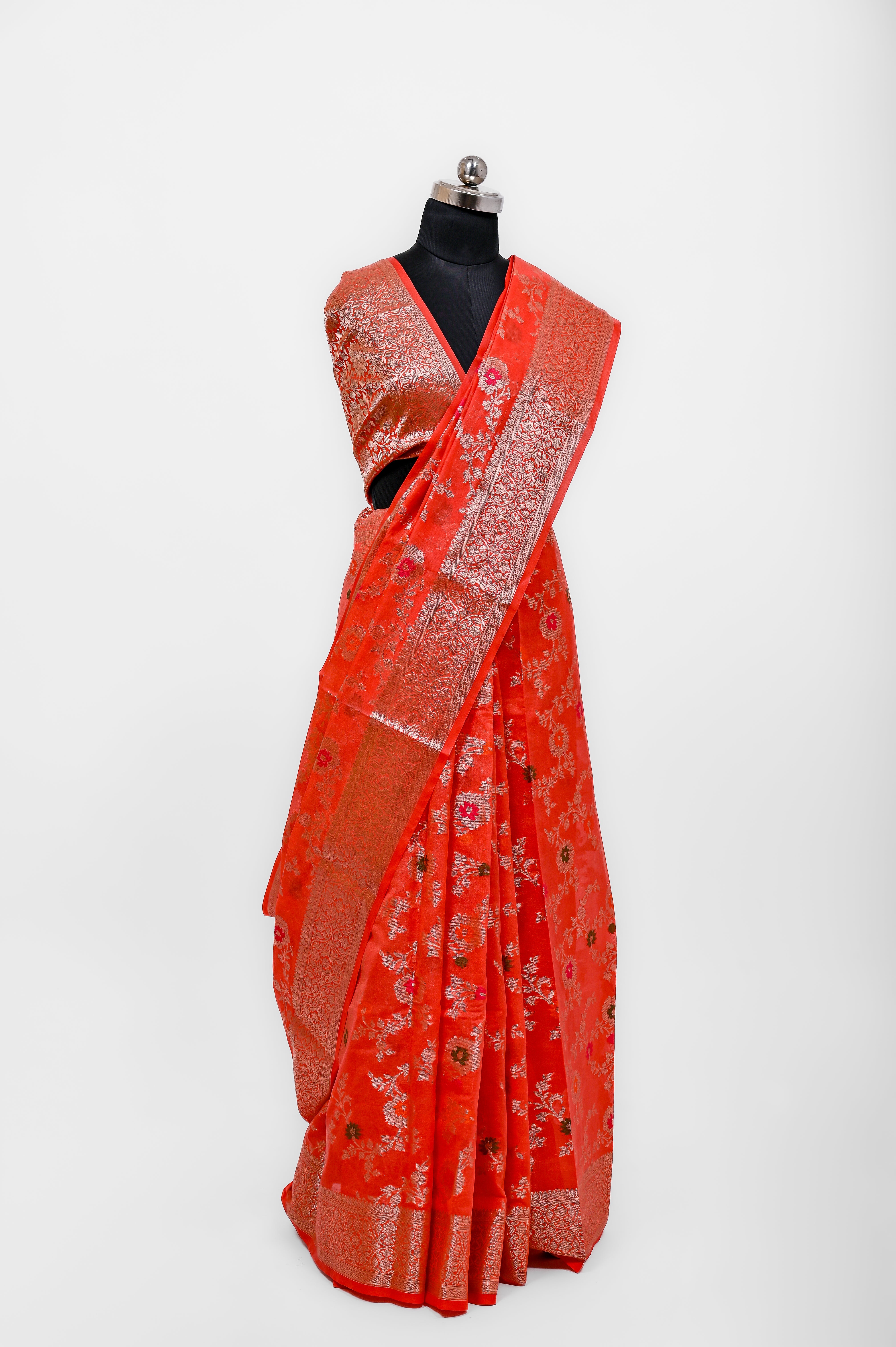 Pure Banarsi  Handloom Fancy Meenakari Alfi Georgett Silk Saree Tomato Red