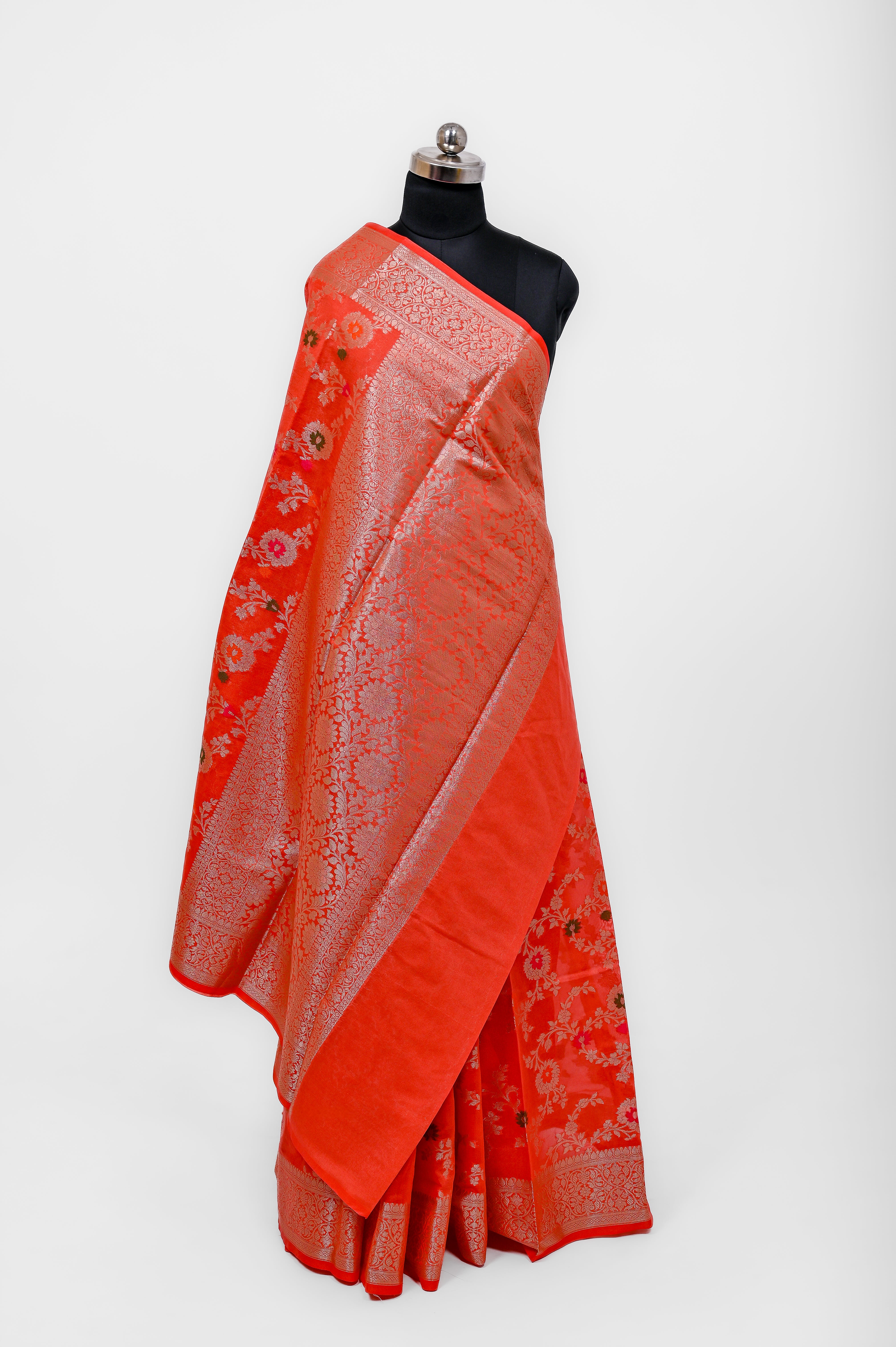 Pure Banarsi  Handloom Fancy Meenakari Alfi Georgett Silk Saree Tomato Red