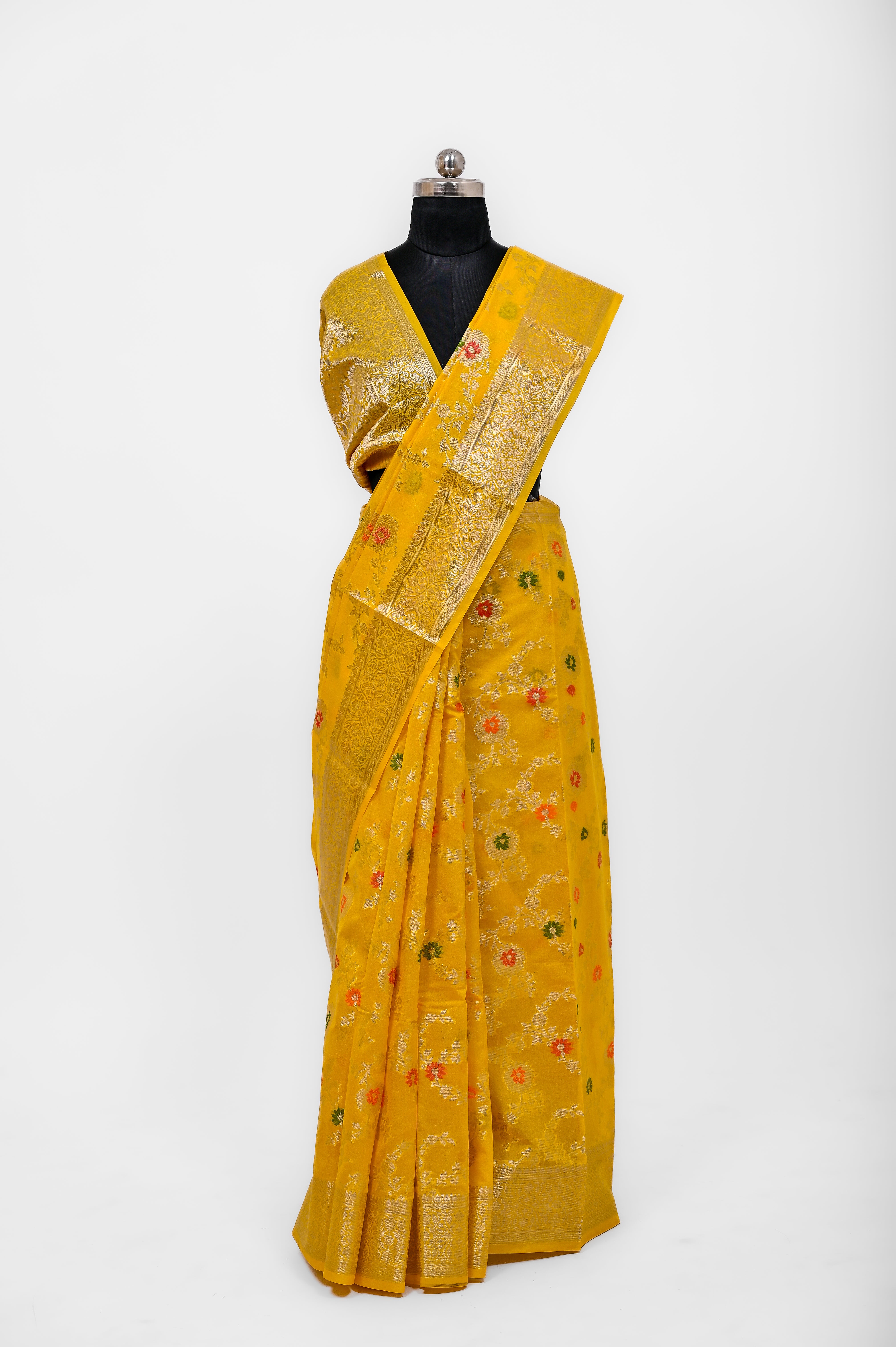 Pure Banarsi  Handloom Fancy Meenakari Alfi Georgett Silk Saree Yellow Gold