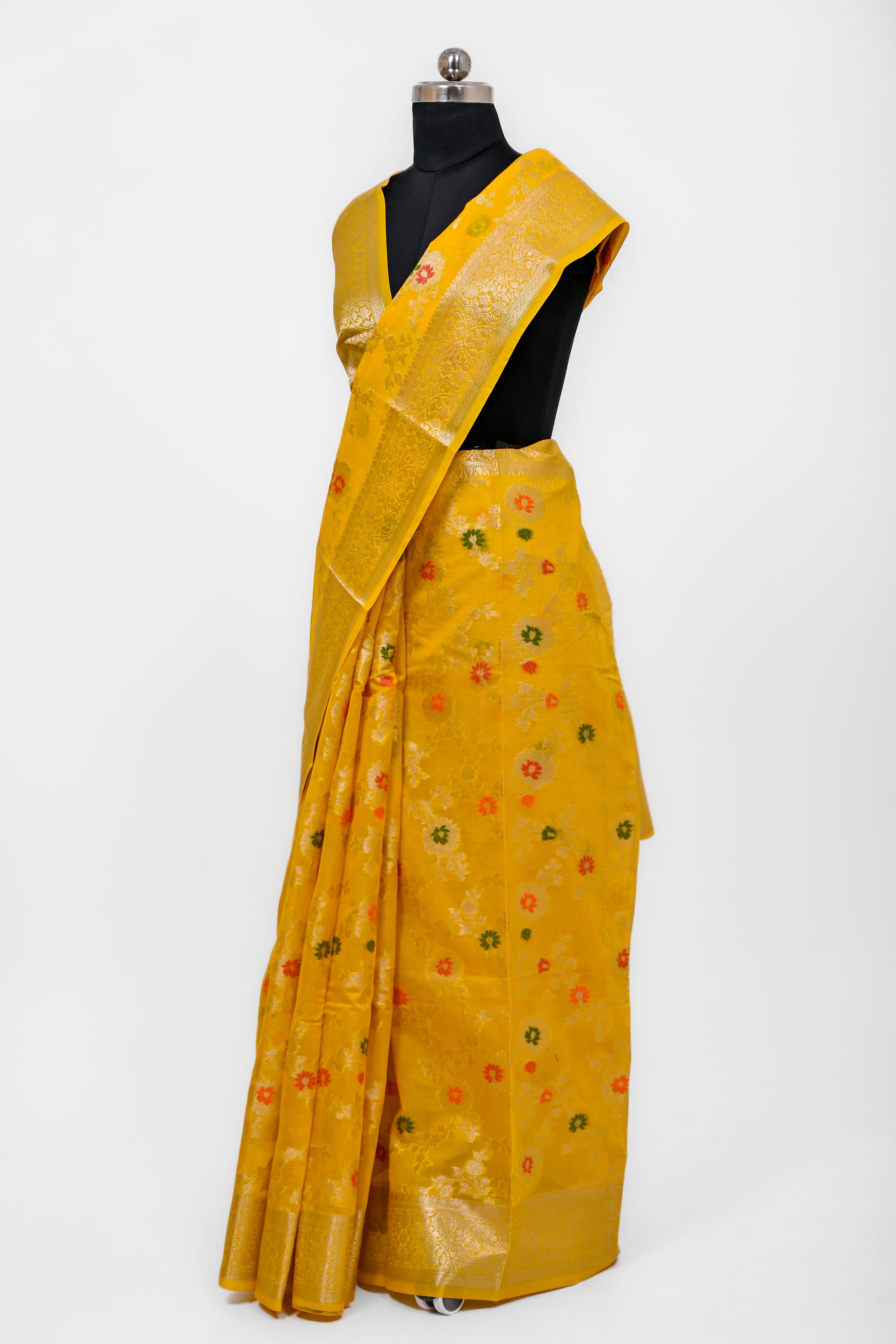 Pure Banarsi  Handloom Fancy Meenakari Alfi Georgett Silk Saree Yellow Gold