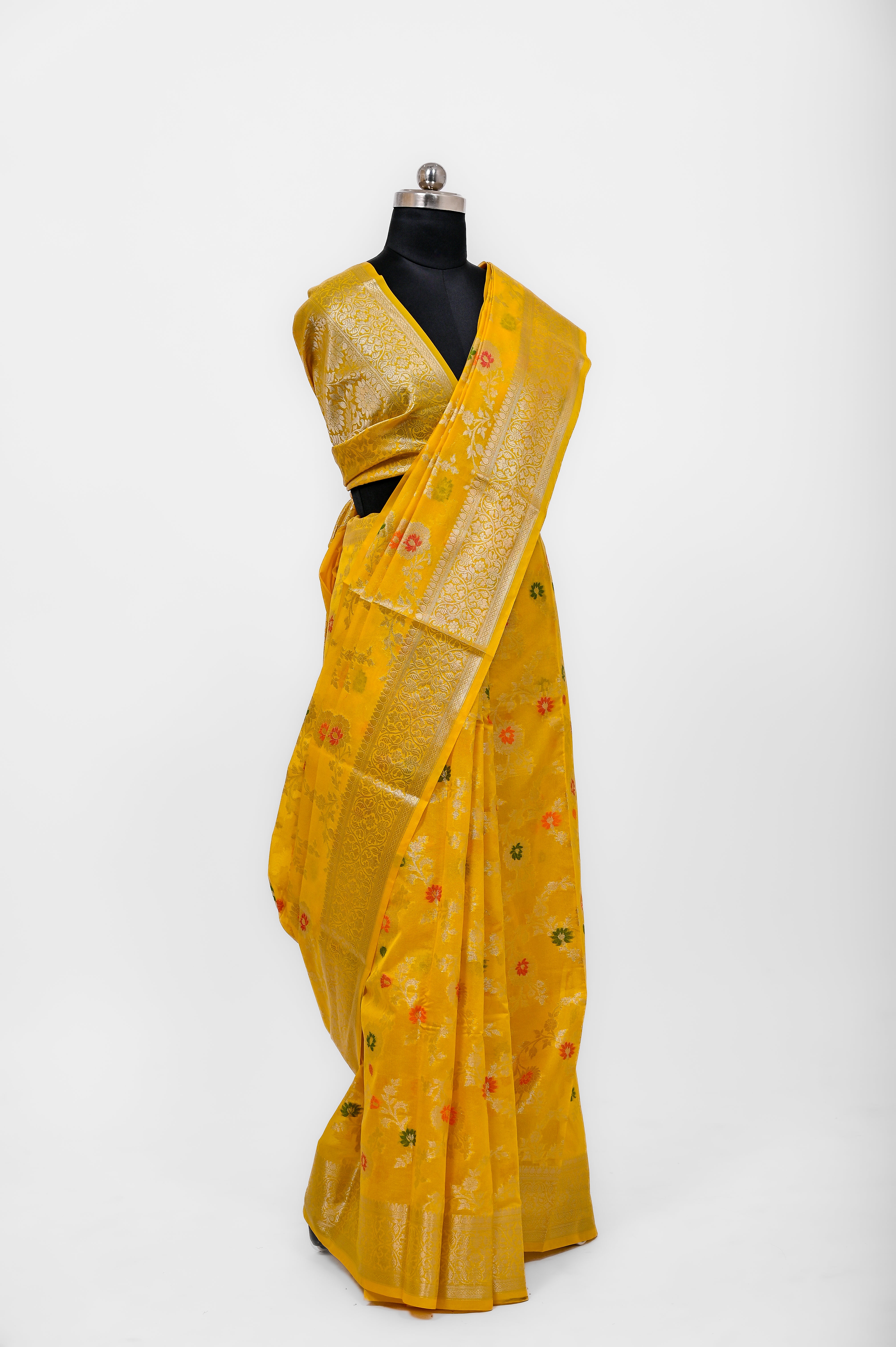 Pure Banarsi  Handloom Fancy Meenakari Alfi Georgett Silk Saree Yellow Gold