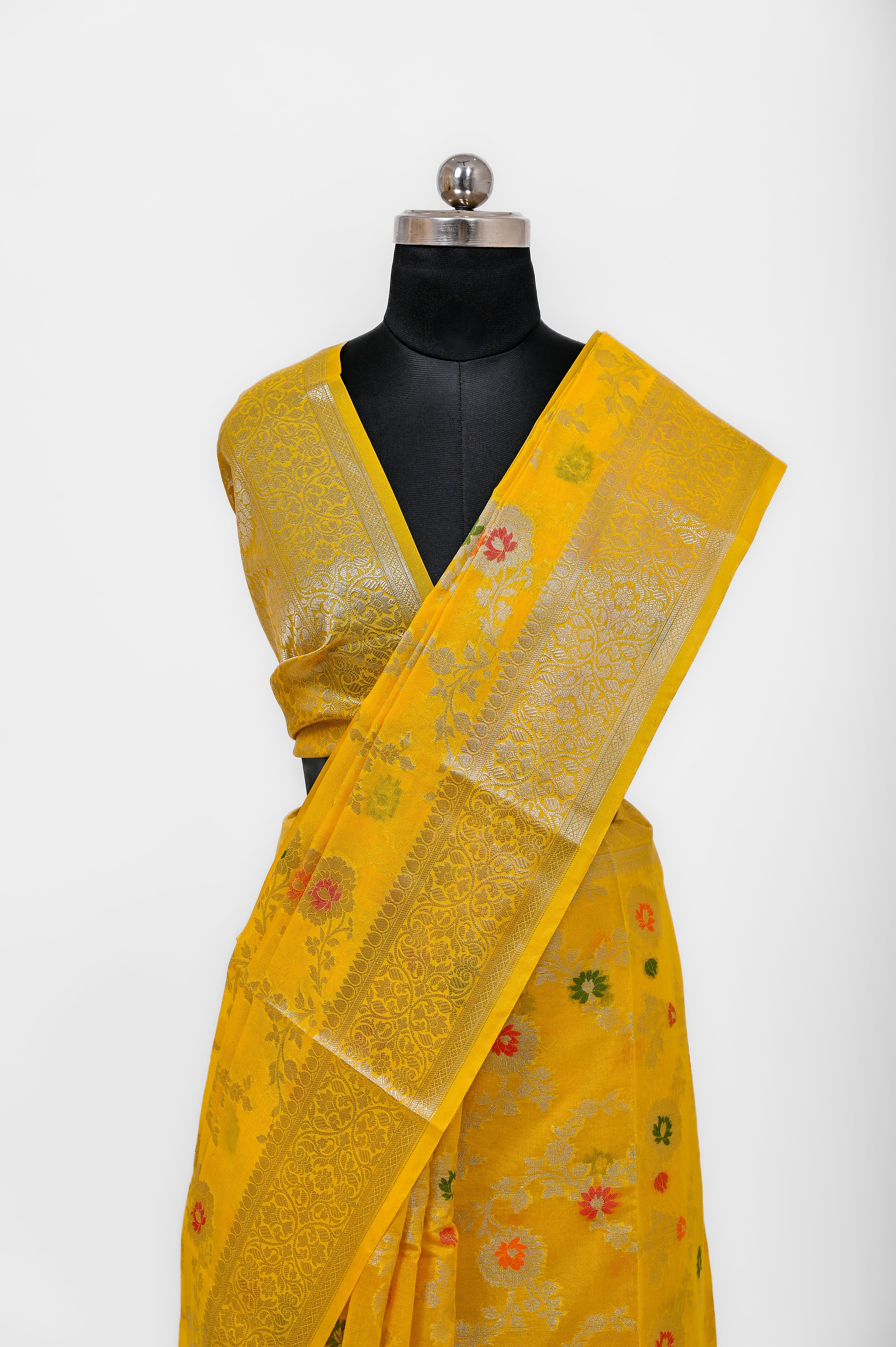 Pure Banarsi  Handloom Fancy Meenakari Alfi Georgett Silk Saree Yellow Gold