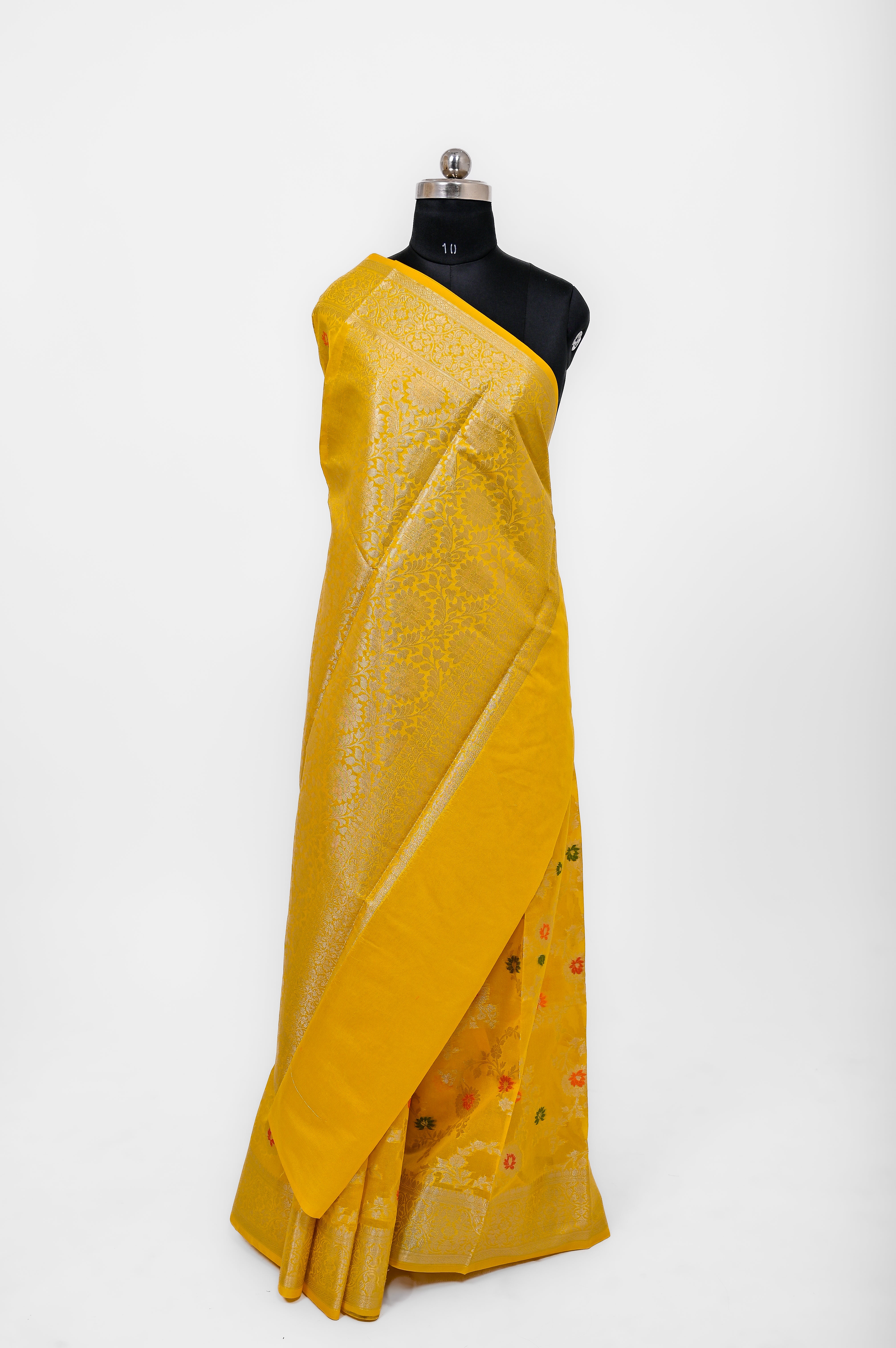 Pure Banarsi  Handloom Fancy Meenakari Alfi Georgett Silk Saree Yellow Gold