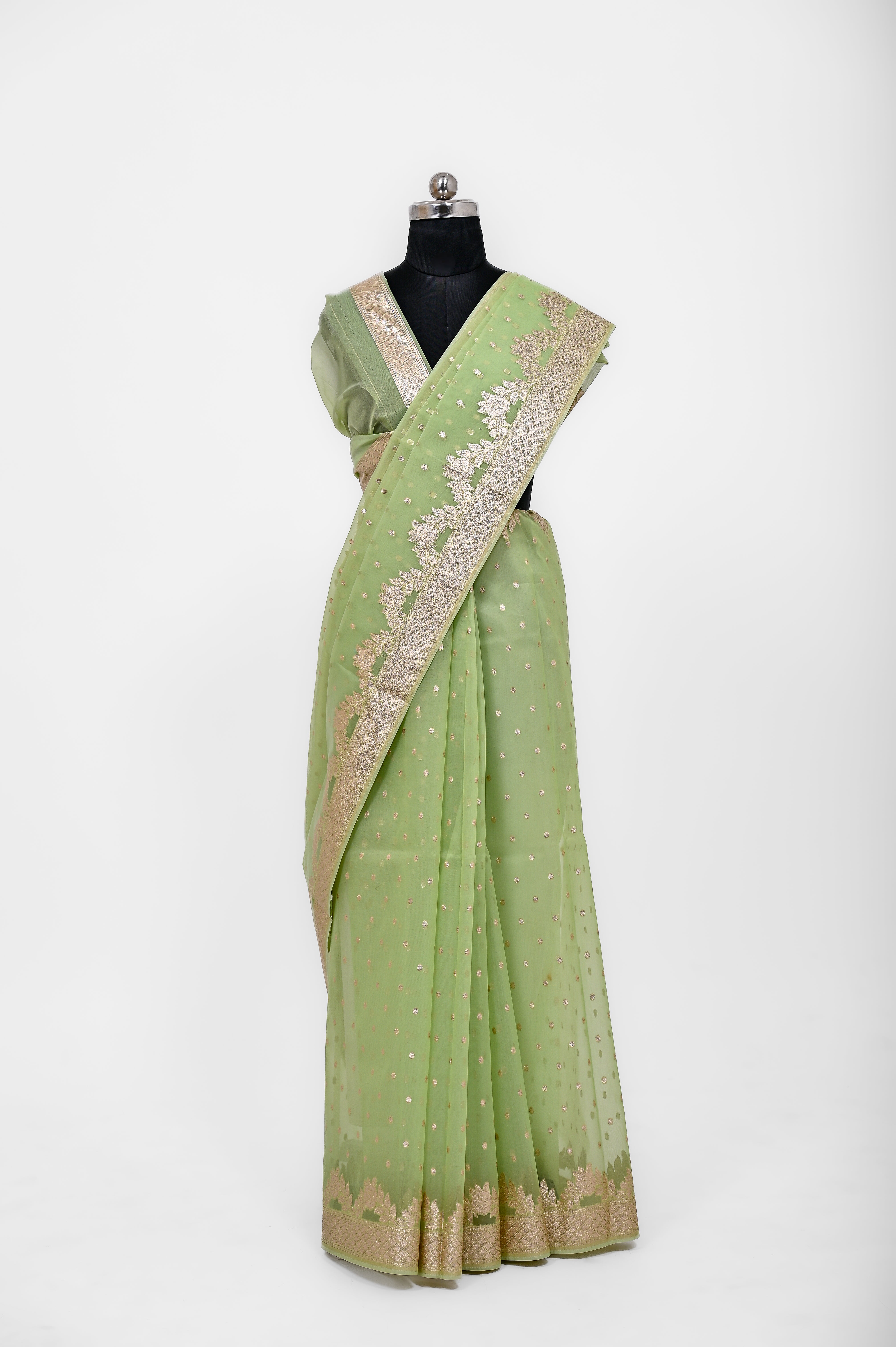 Pure Banarsi Handloom Orgenza Kora Silk Fancy Saree Pista Color